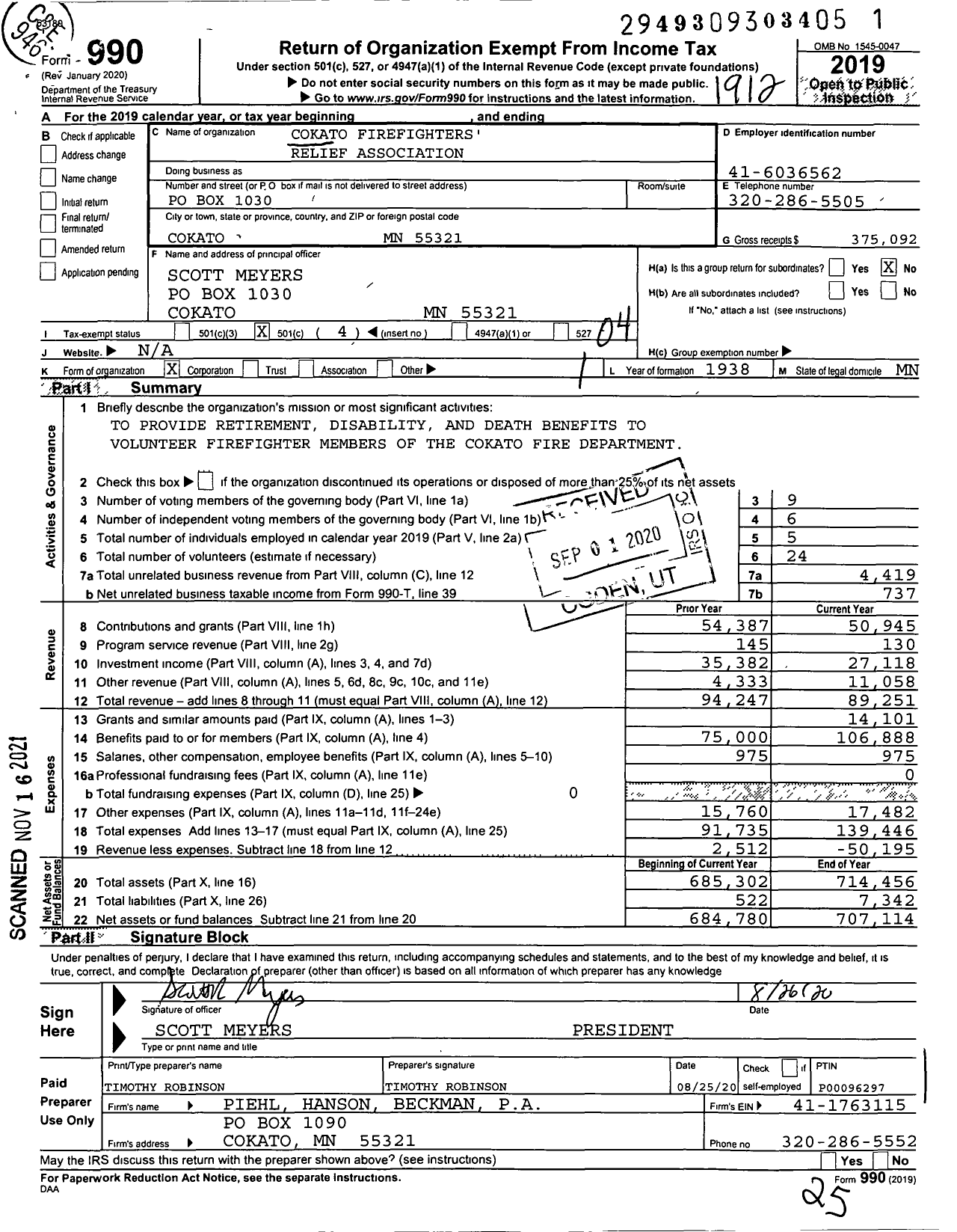 Image of first page of 2019 Form 990O for Cokato Firefighters Relief Association