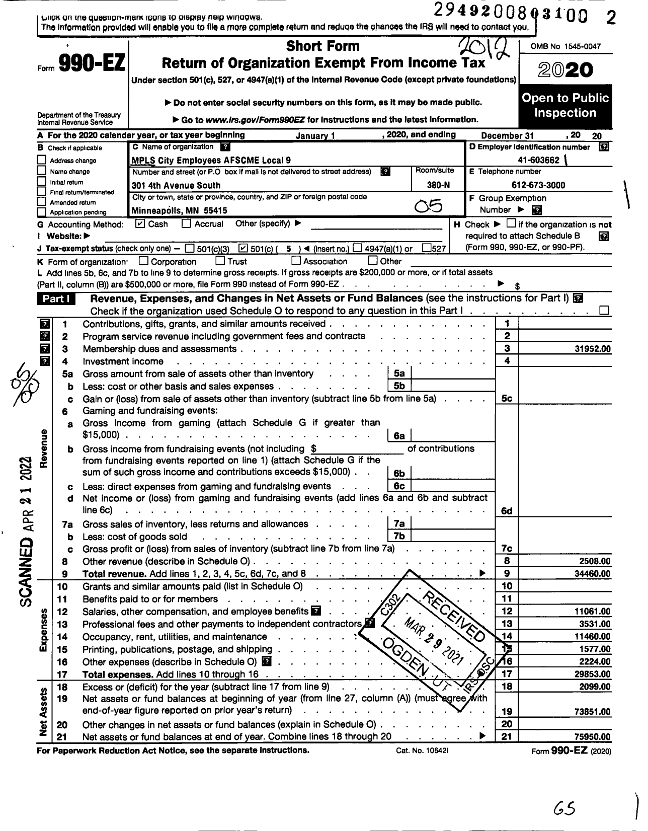 Image of first page of 2020 Form 990EO for American Federation of State County & Municipal Employees - L0009MN Minneapolis MN City Emps