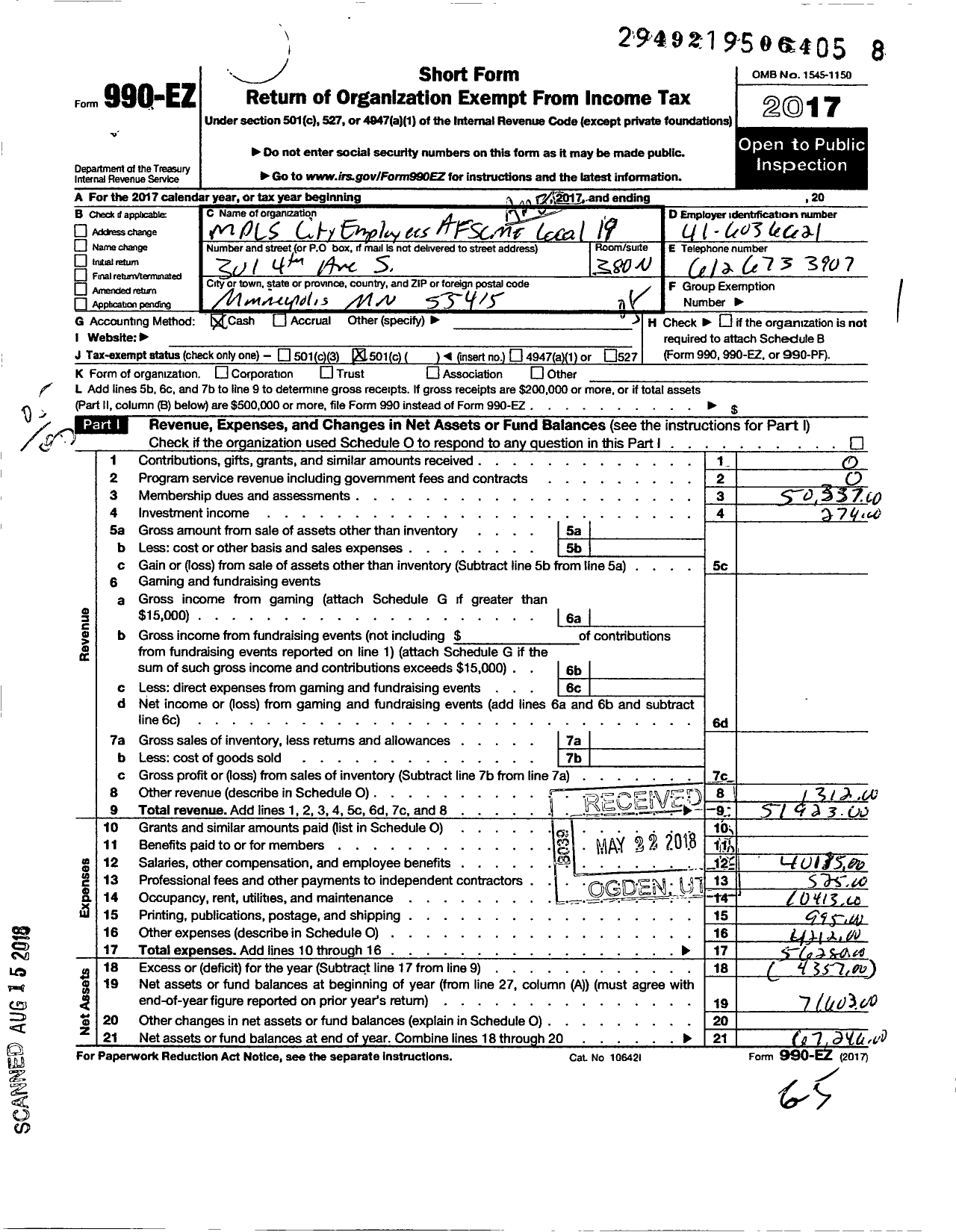 Image of first page of 2017 Form 990EO for American Federation of State County & Municipal Employees - L0009MN Minneapolis MN City Emps