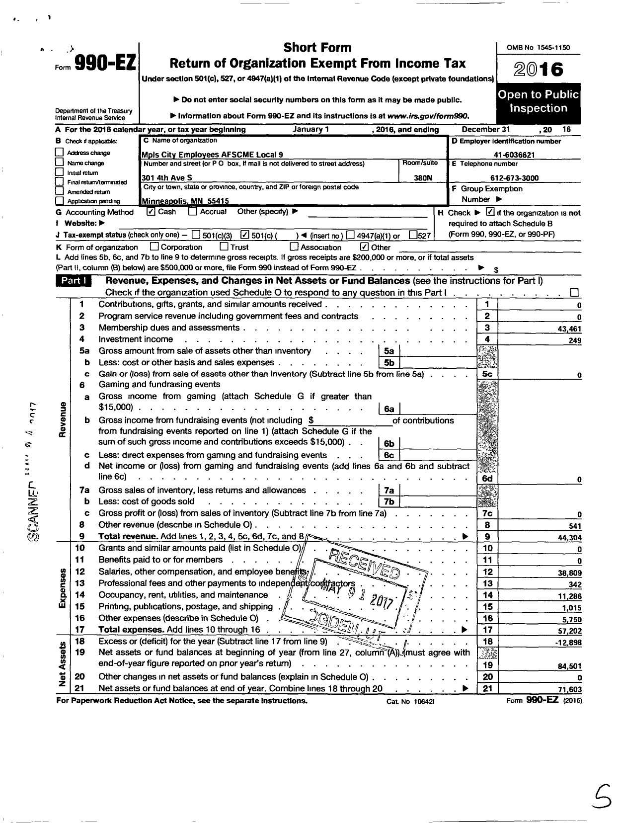 Image of first page of 2016 Form 990EO for American Federation of State County & Municipal Employees - L0009MN Minneapolis MN City Emps