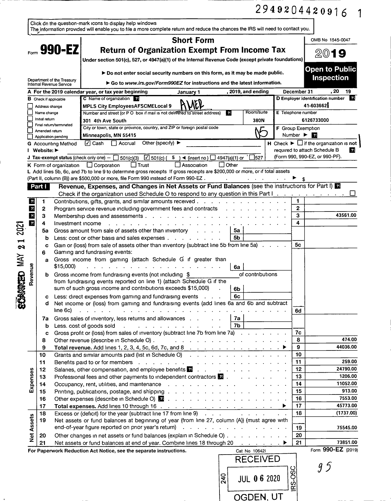 Image of first page of 2019 Form 990EO for American Federation of State County & Municipal Employees - L0009MN Minneapolis MN City Emps