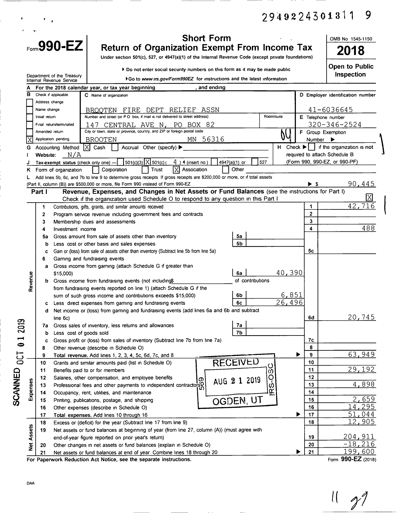 Image of first page of 2018 Form 990EO for Brooten Fire Dept Relief Association