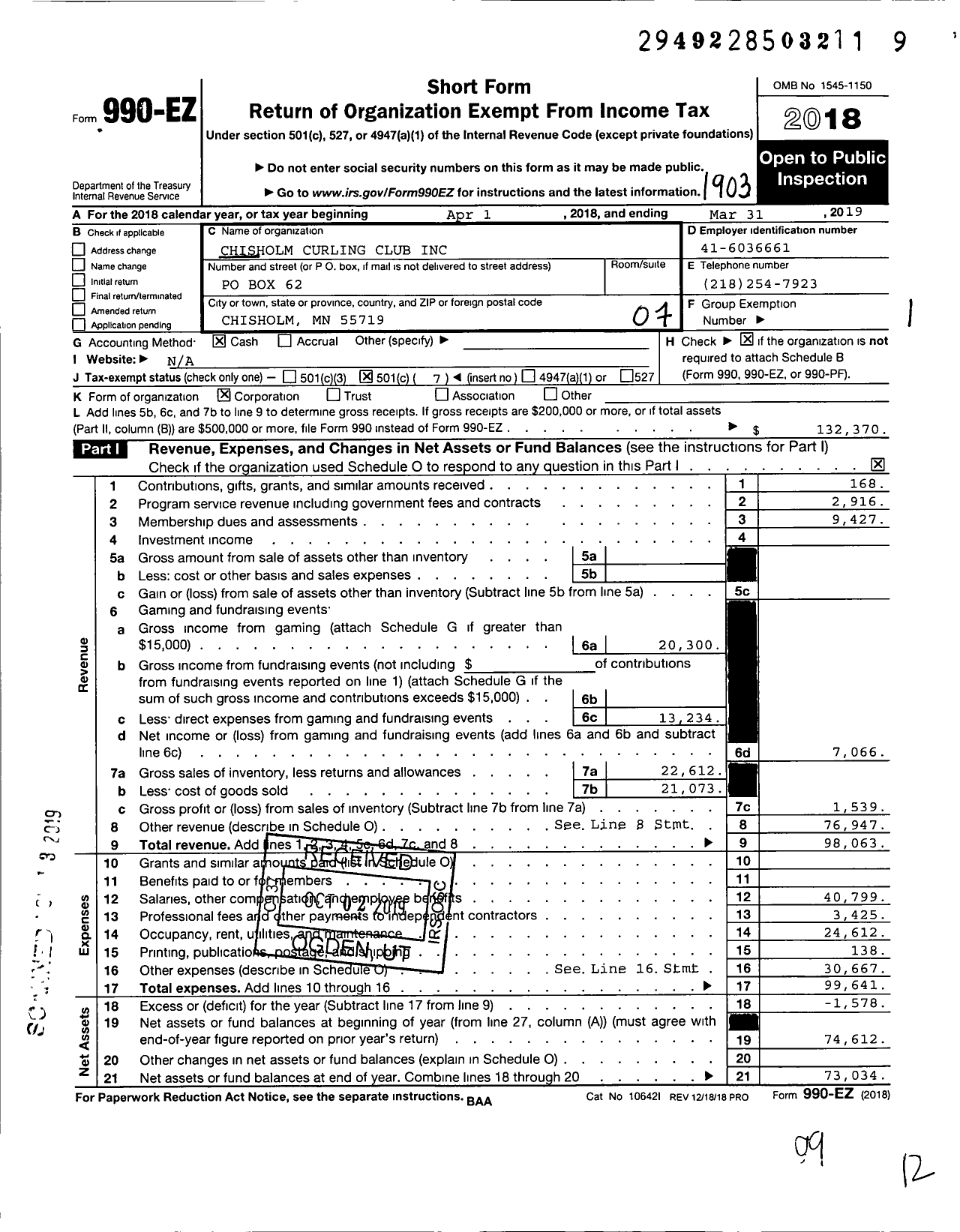 Image of first page of 2018 Form 990EO for Chisholm Curling Club