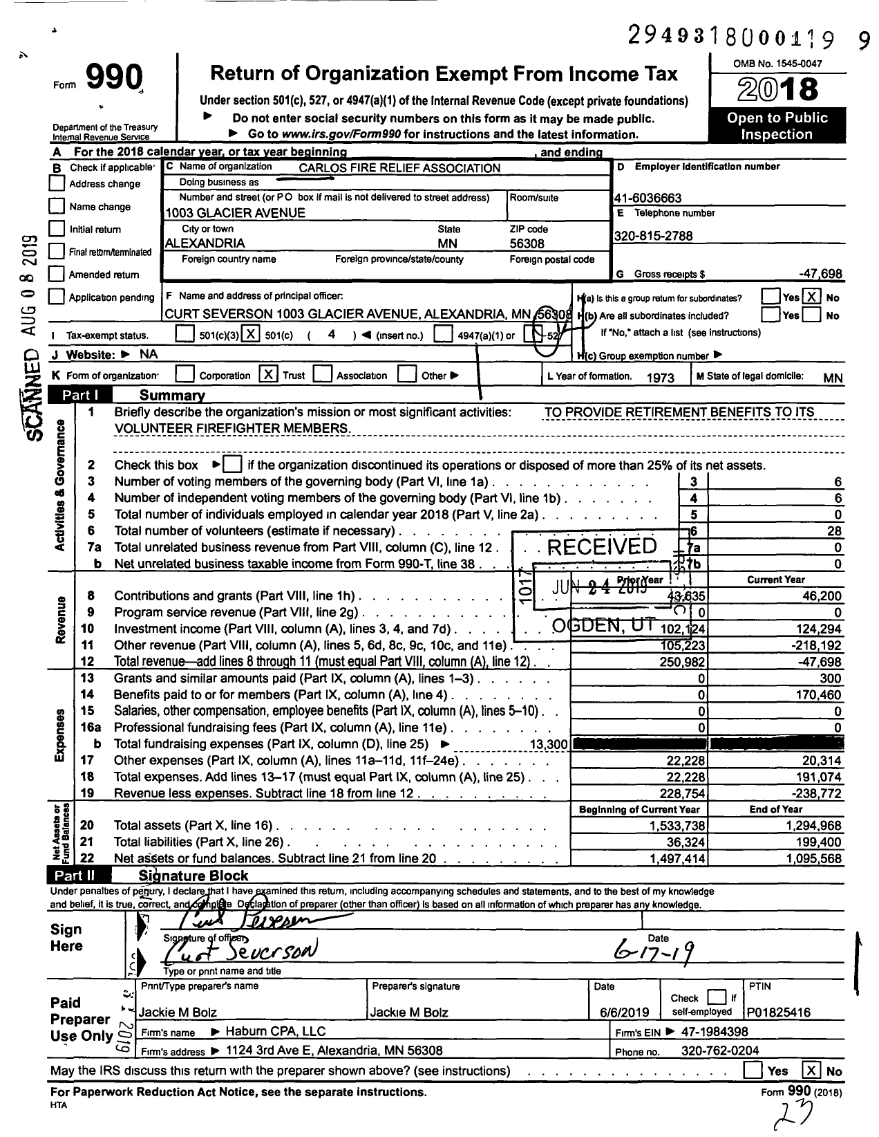 Image of first page of 2018 Form 990O for Carlos Fire Relief Association