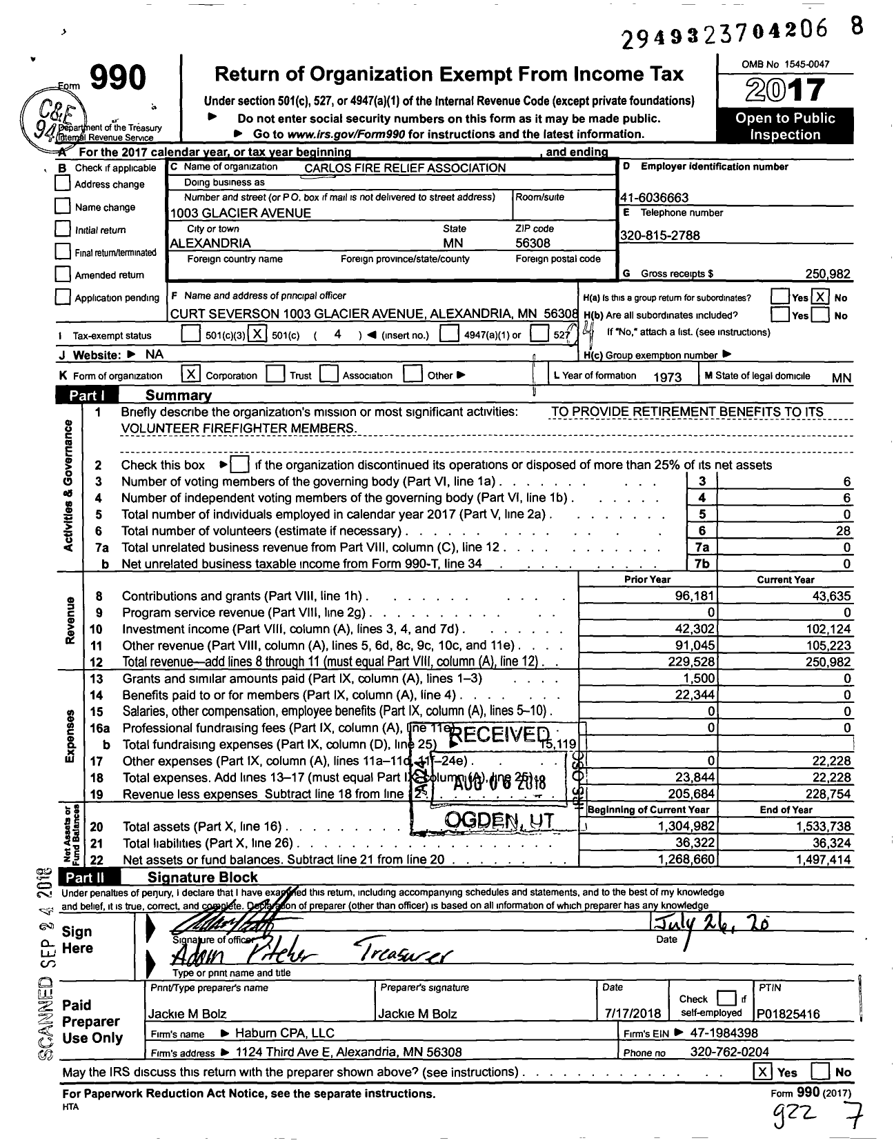 Image of first page of 2017 Form 990O for Carlos Fire Relief Association