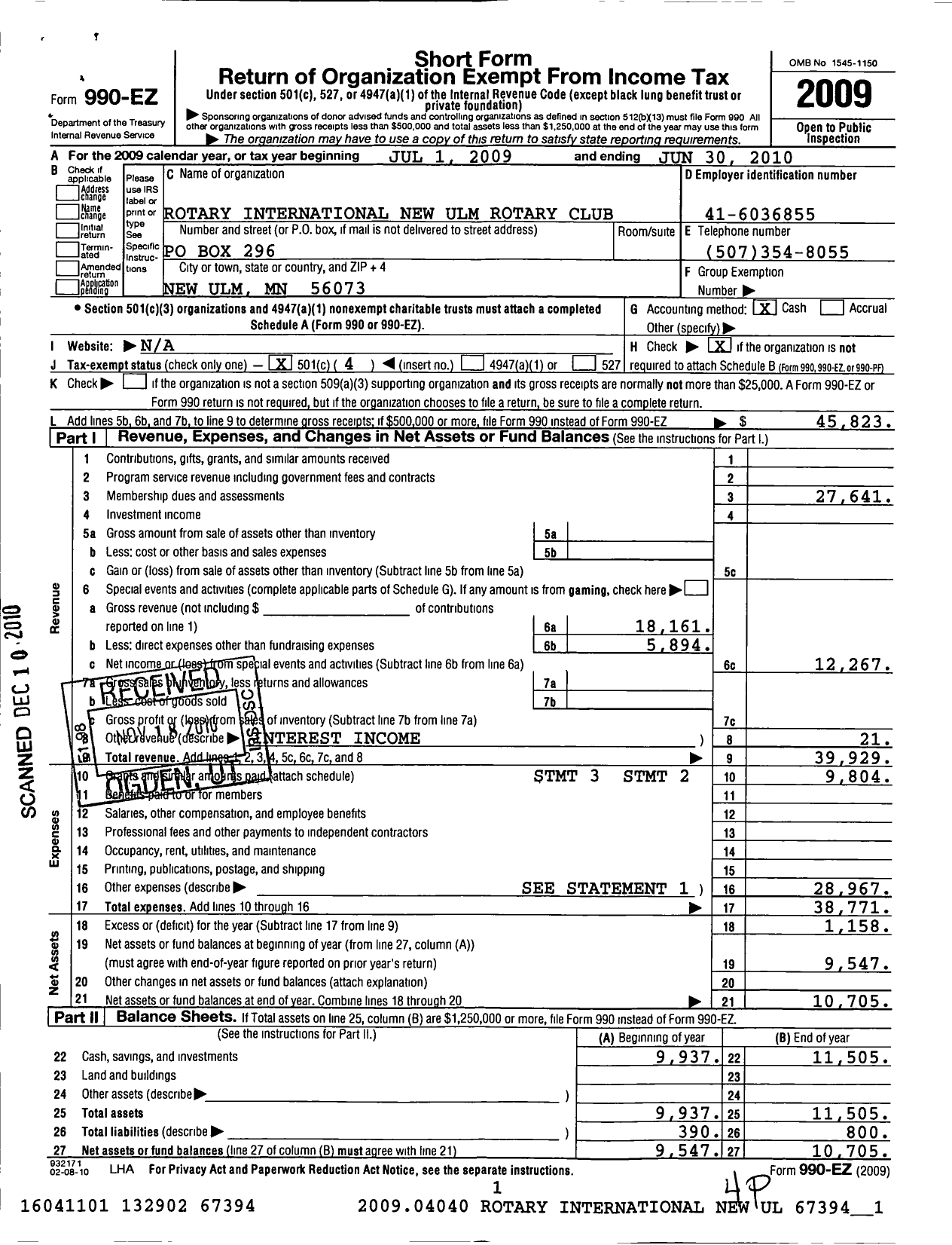 Image of first page of 2009 Form 990EO for Rotary International - New Ulm Rotary Club