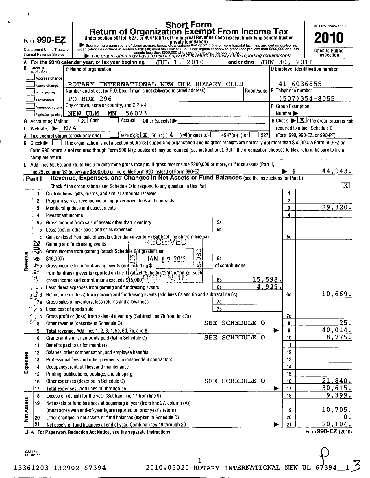 Image of first page of 2010 Form 990EO for Rotary International - New Ulm Rotary Club