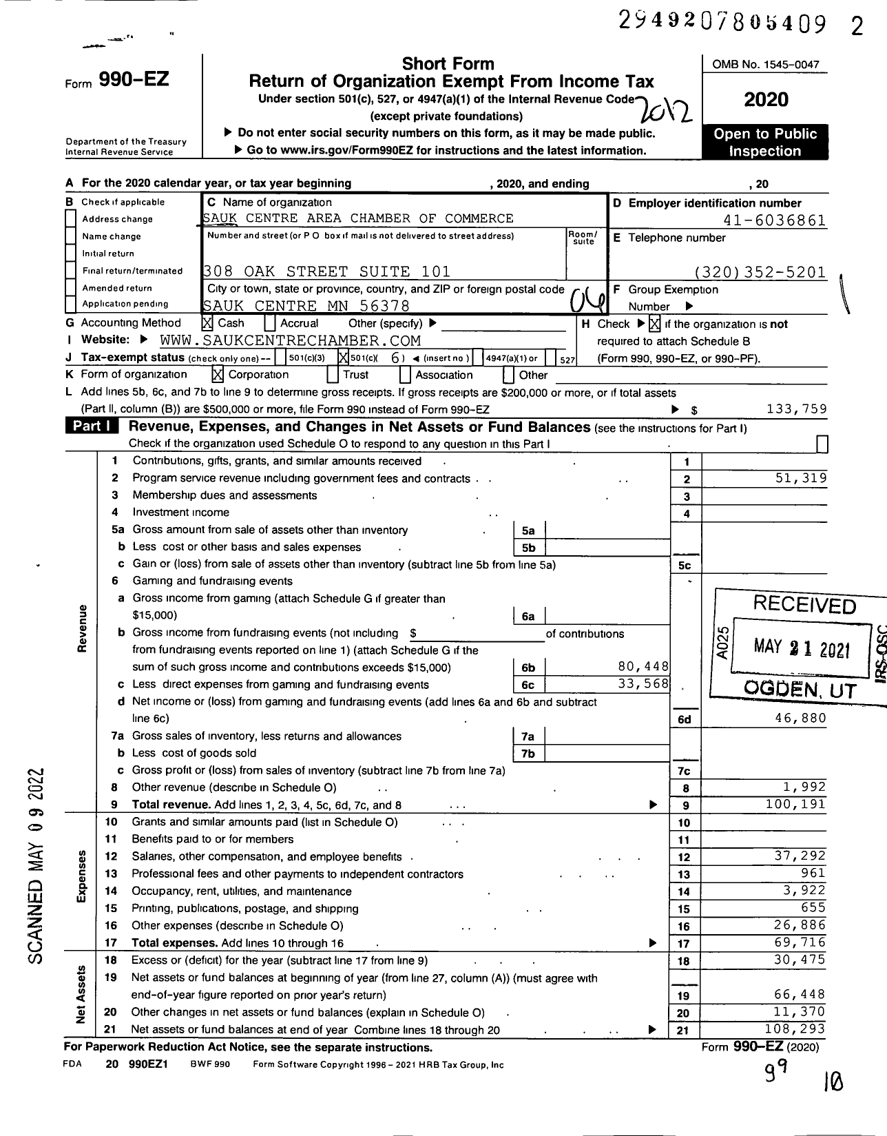 Image of first page of 2020 Form 990EO for Sauk Centre Area Chamber of Commerce