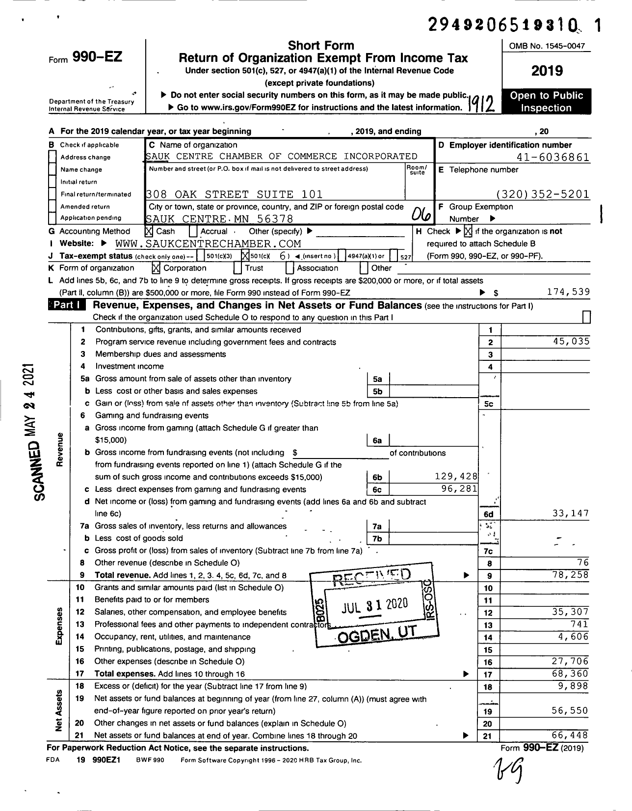 Image of first page of 2019 Form 990EO for Sauk Centre Area Chamber of Commerce