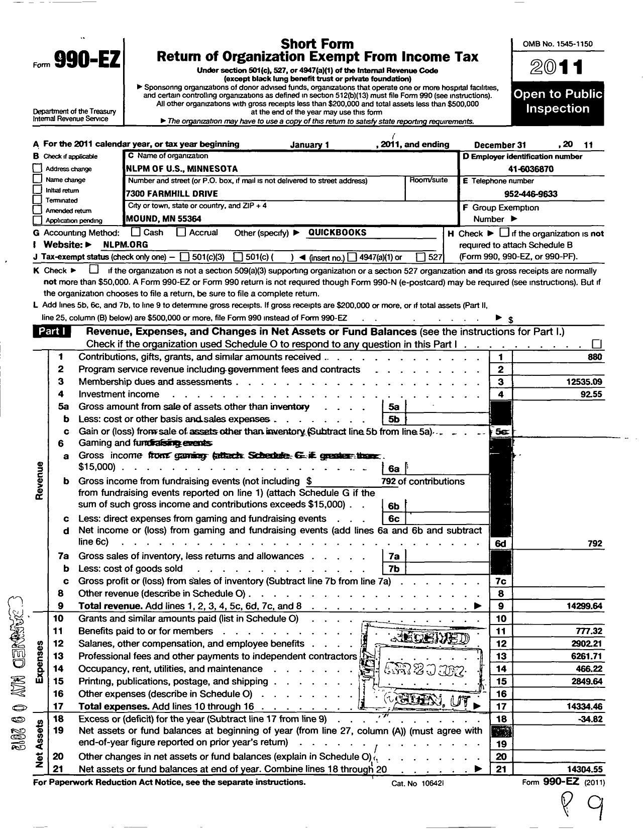 Image of first page of 2011 Form 990EO for National League of Postmasters of the United States / Minnesota