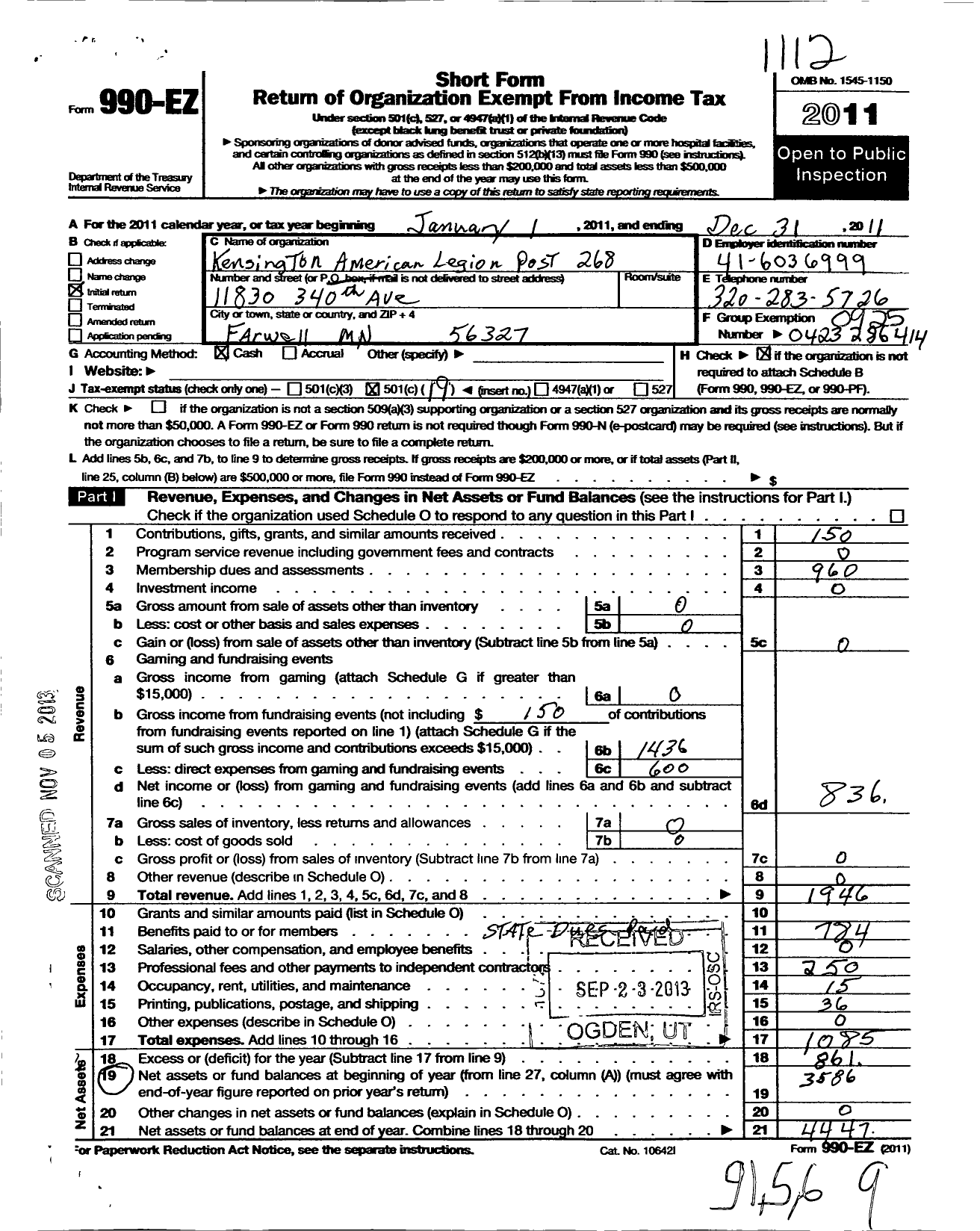 Image of first page of 2011 Form 990EO for American Legion - 240