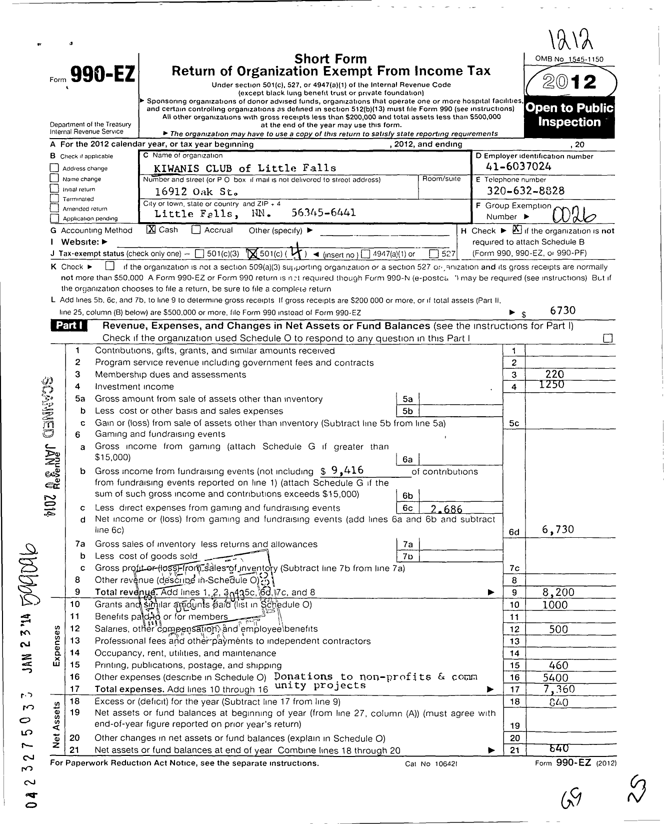 Image of first page of 2012 Form 990EO for Kiwanis International - K05359 Little Falls