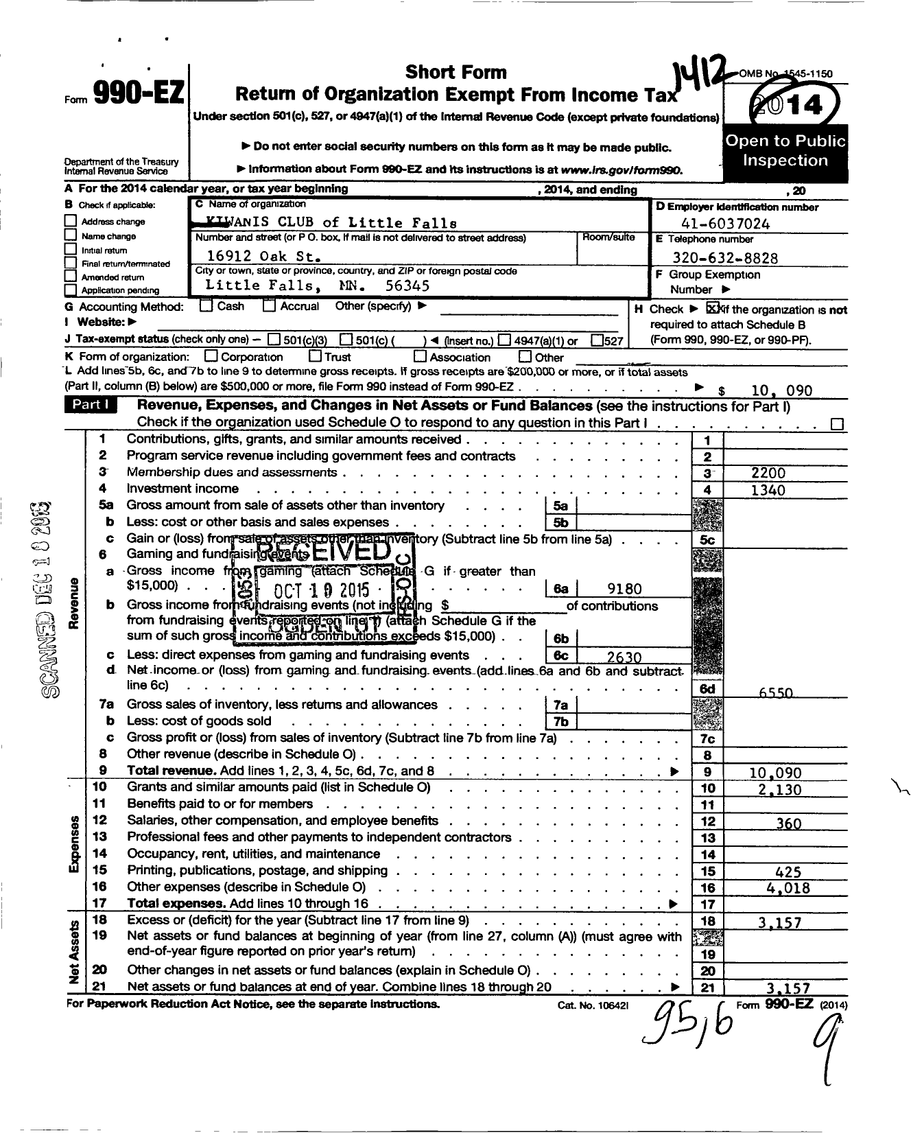 Image of first page of 2014 Form 990EO for Kiwanis International - K05359 Little Falls