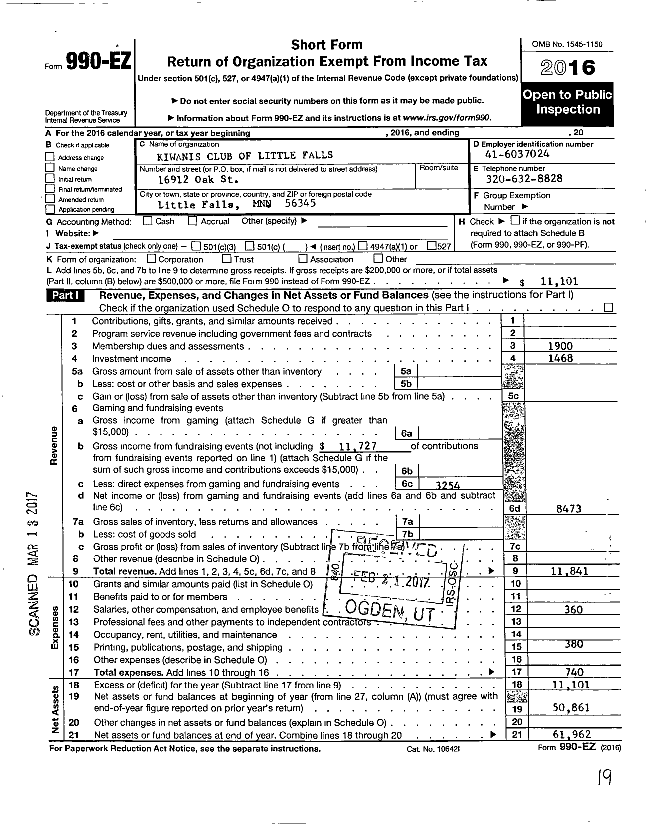 Image of first page of 2016 Form 990EO for Kiwanis International - K05359 Little Falls