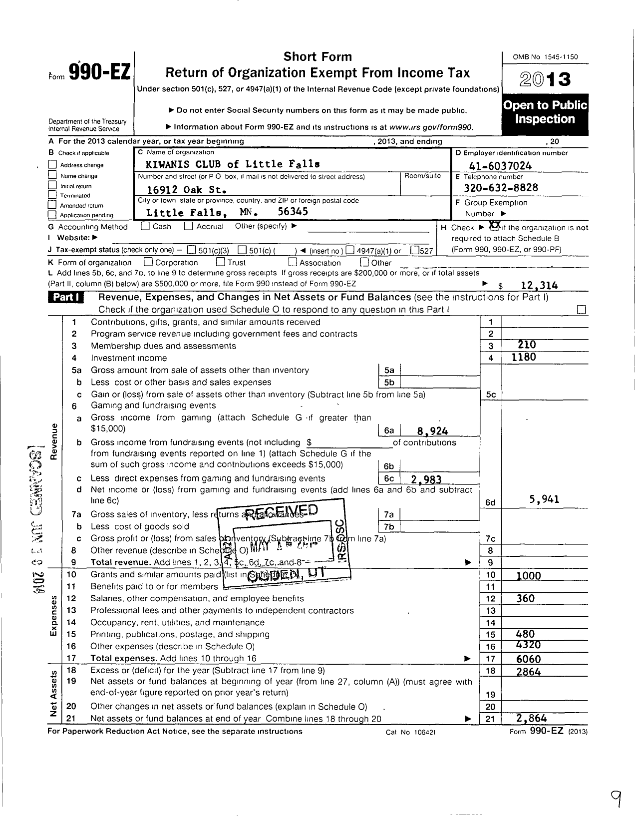 Image of first page of 2013 Form 990EO for Kiwanis International - K05359 Little Falls