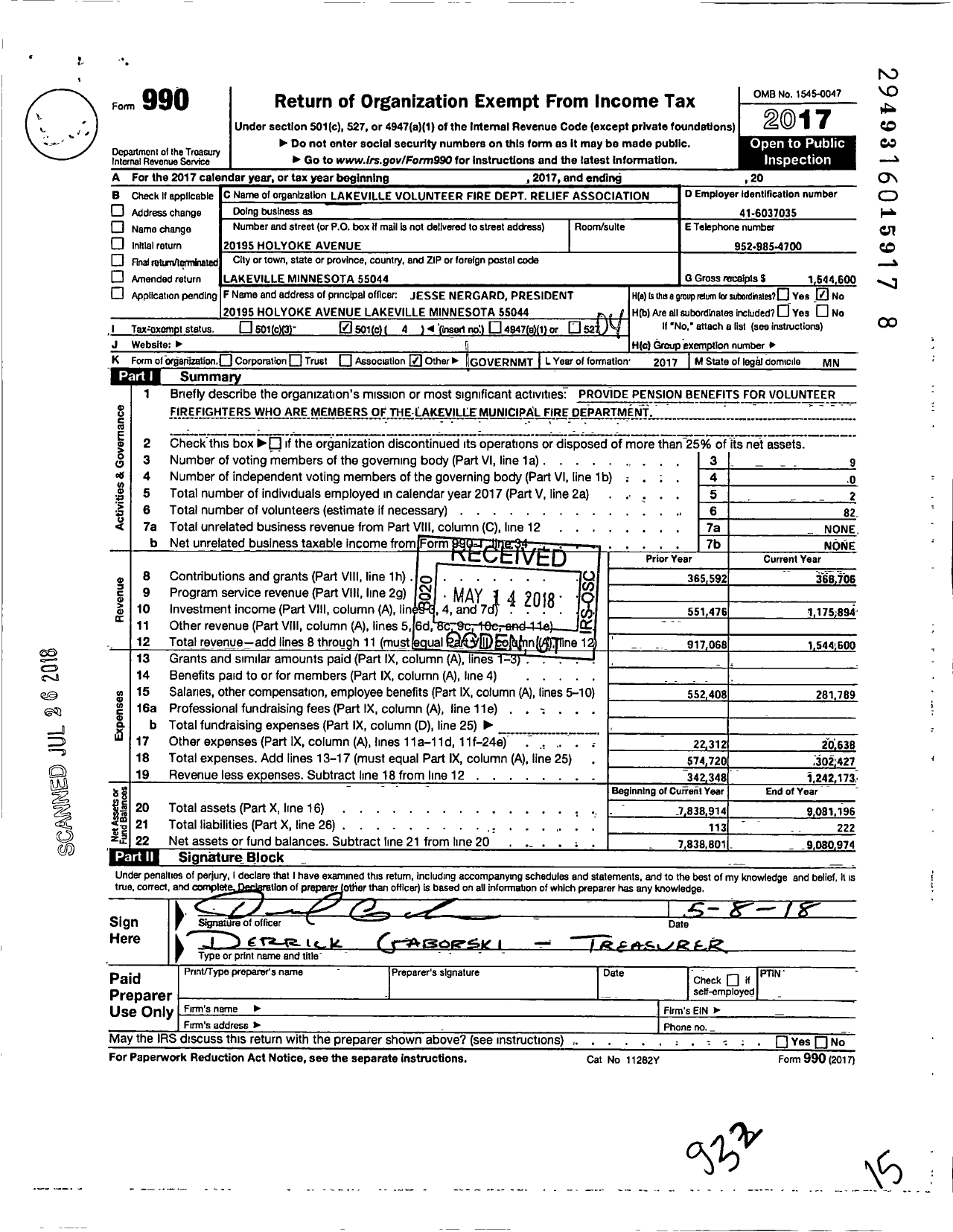 Image of first page of 2017 Form 990O for Lakeville Volunteer Fire Dept Relief Association