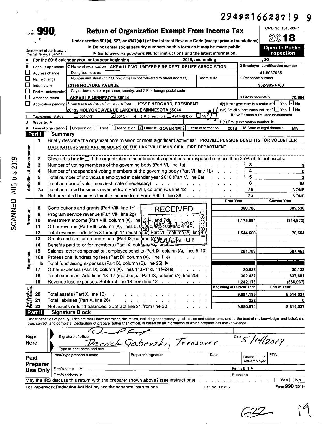 Image of first page of 2018 Form 990O for Lakeville Volunteer Fire Dept Relief Association