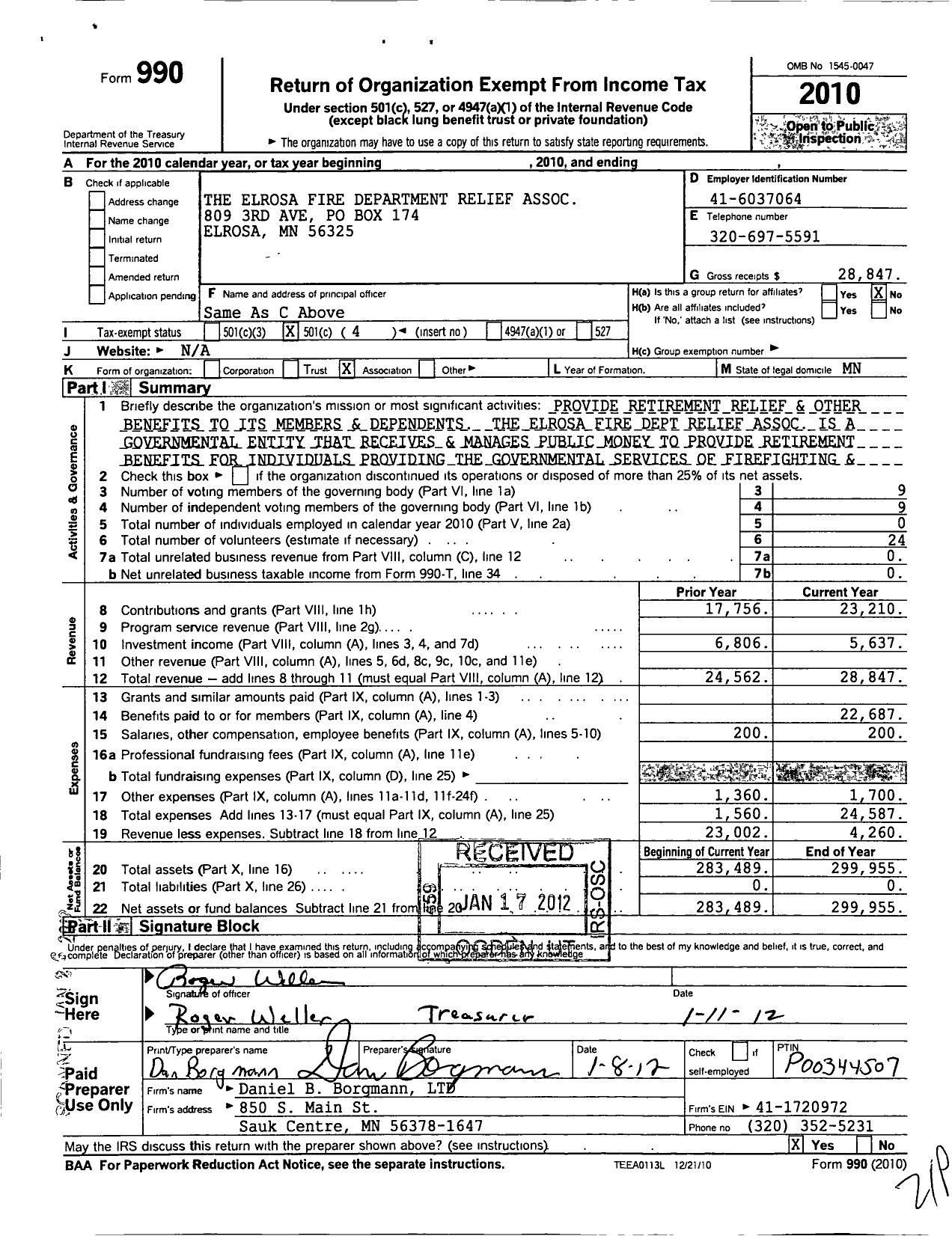 Image of first page of 2010 Form 990O for Elrosa Firemens Relief Association