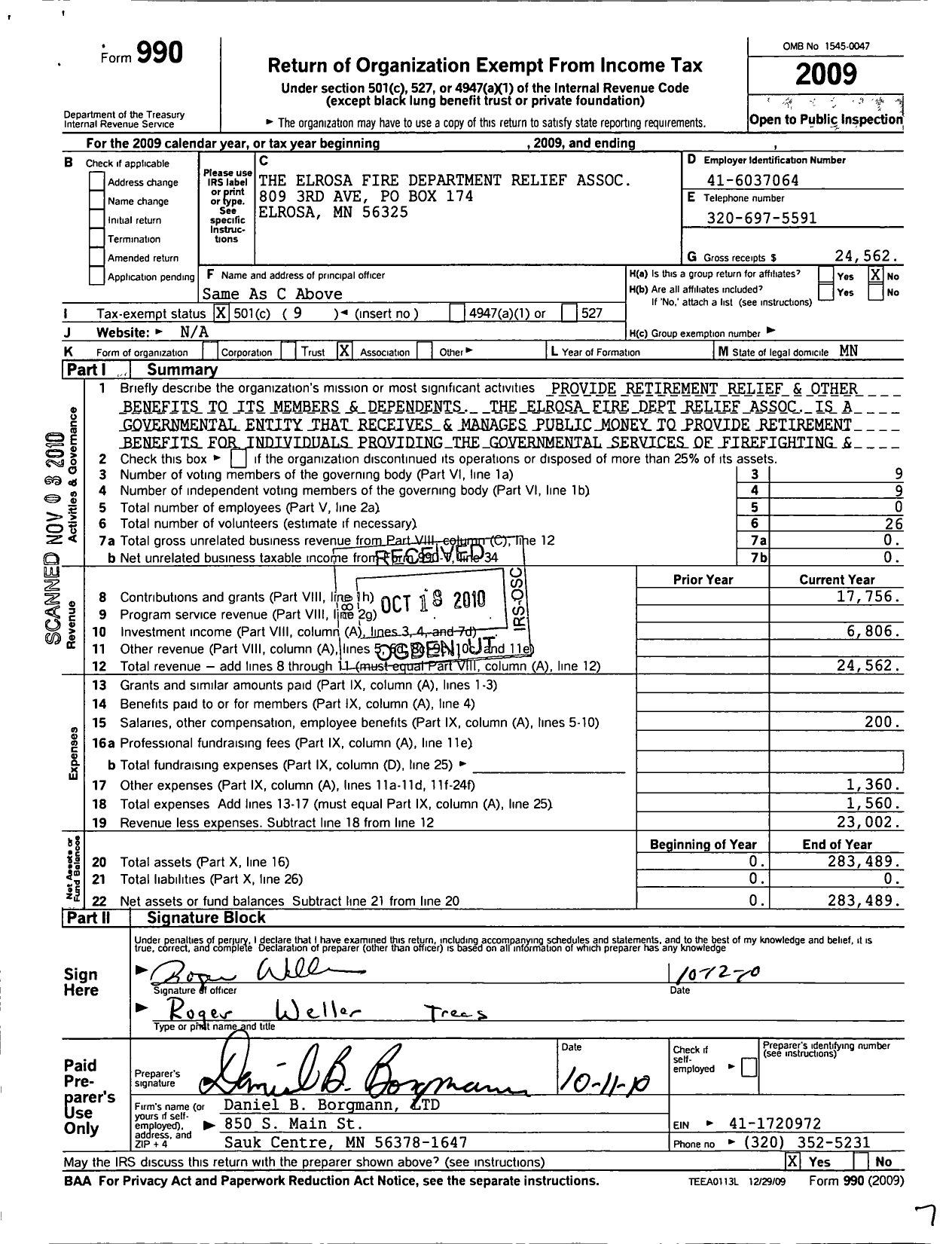 Image of first page of 2009 Form 990O for Elrosa Firemens Relief Association