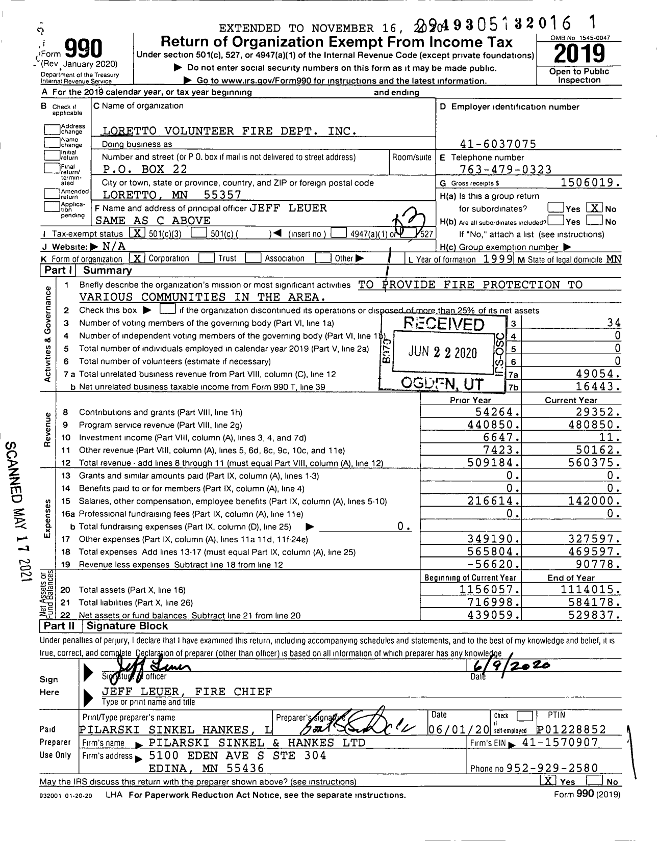 Image of first page of 2019 Form 990 for Loretto Volunteer Fire Dept