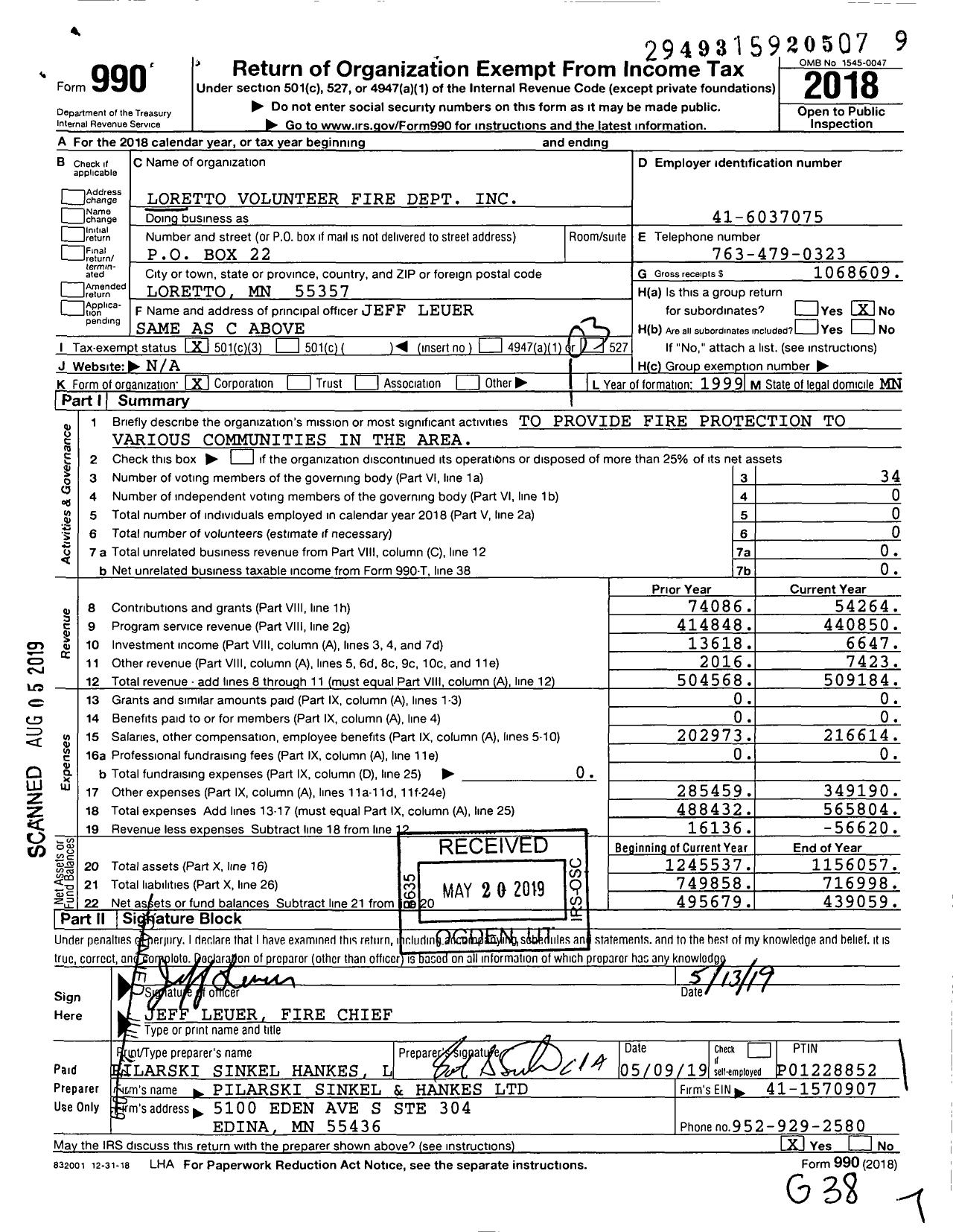 Image of first page of 2018 Form 990 for Loretto Volunteer Fire Dept