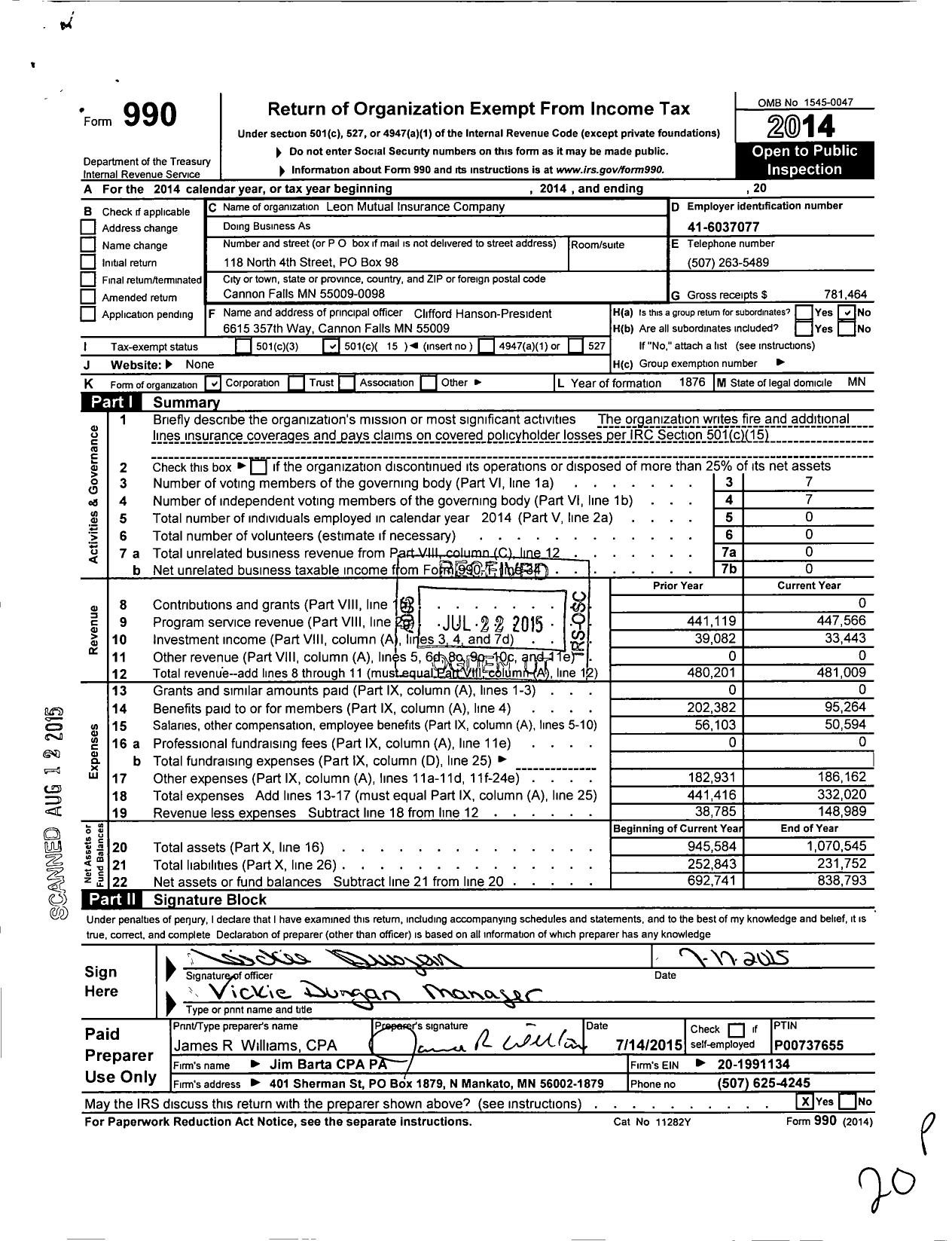 Image of first page of 2014 Form 990O for Leon Mutual Insurance Company