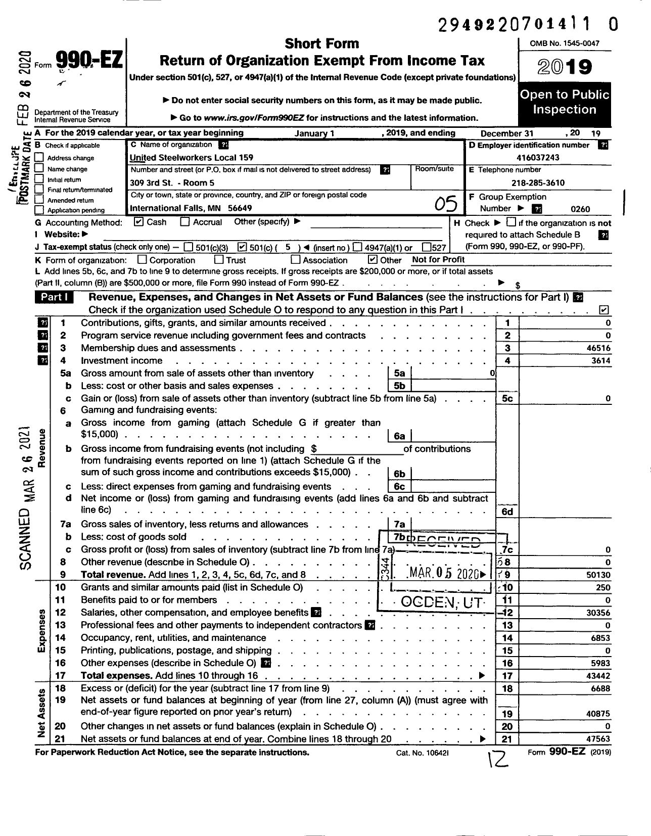 Image of first page of 2019 Form 990EO for United Steelworkers - 00159 Local