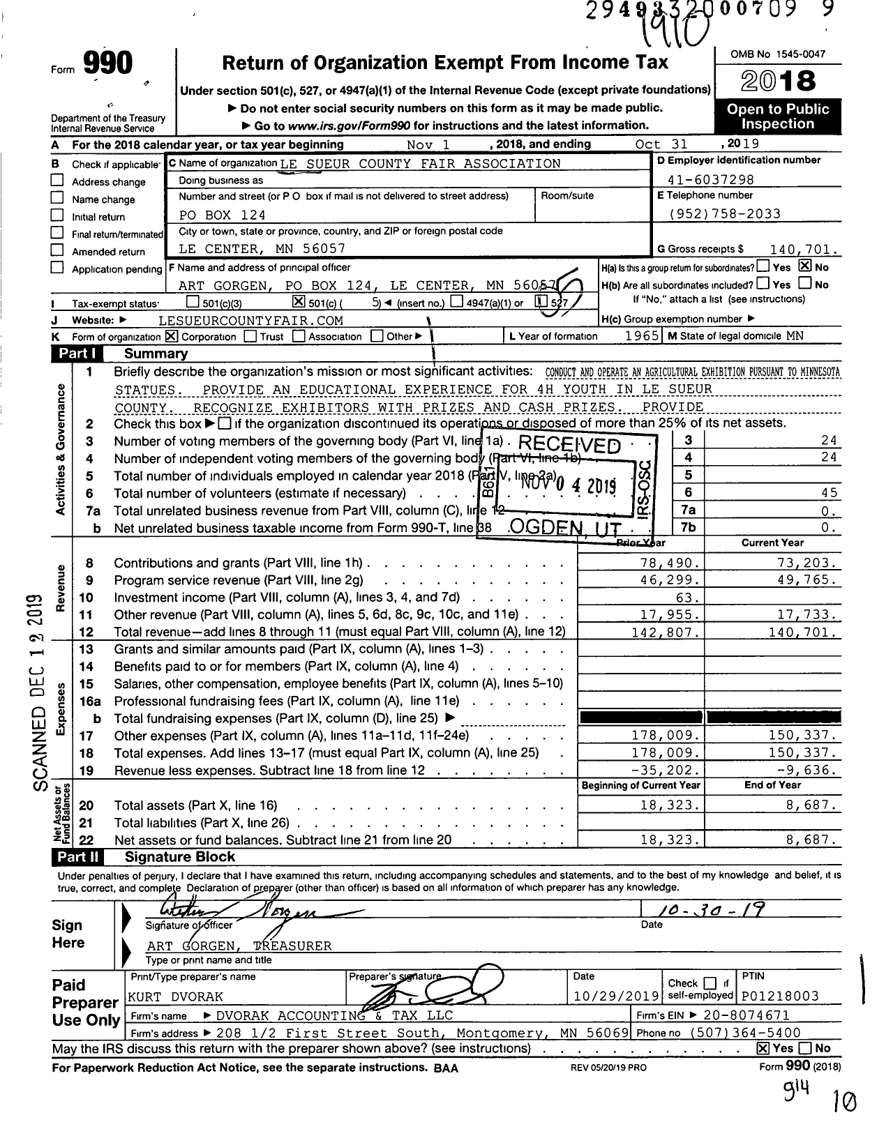 Image of first page of 2018 Form 990O for Le Sueur County Fair Association