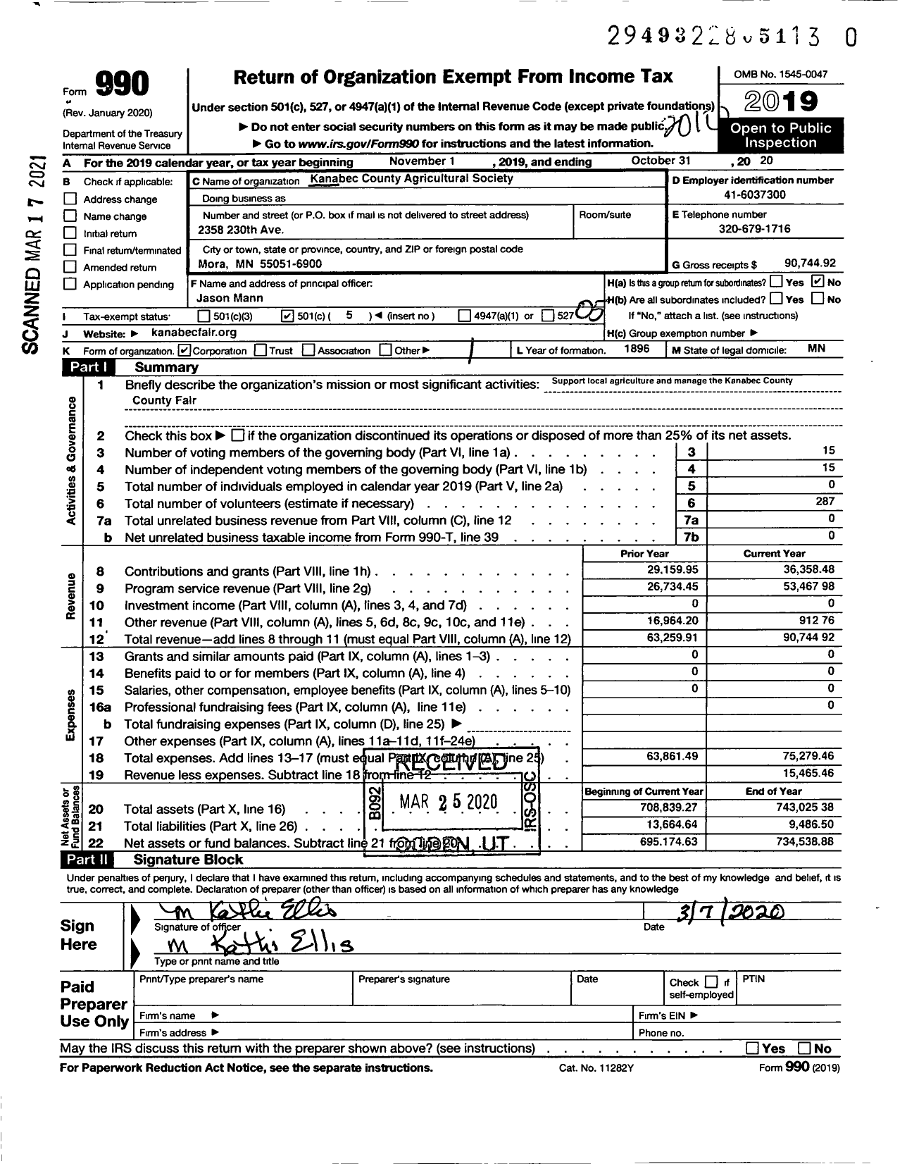 Image of first page of 2019 Form 990O for Kanabec County Agricultural Society