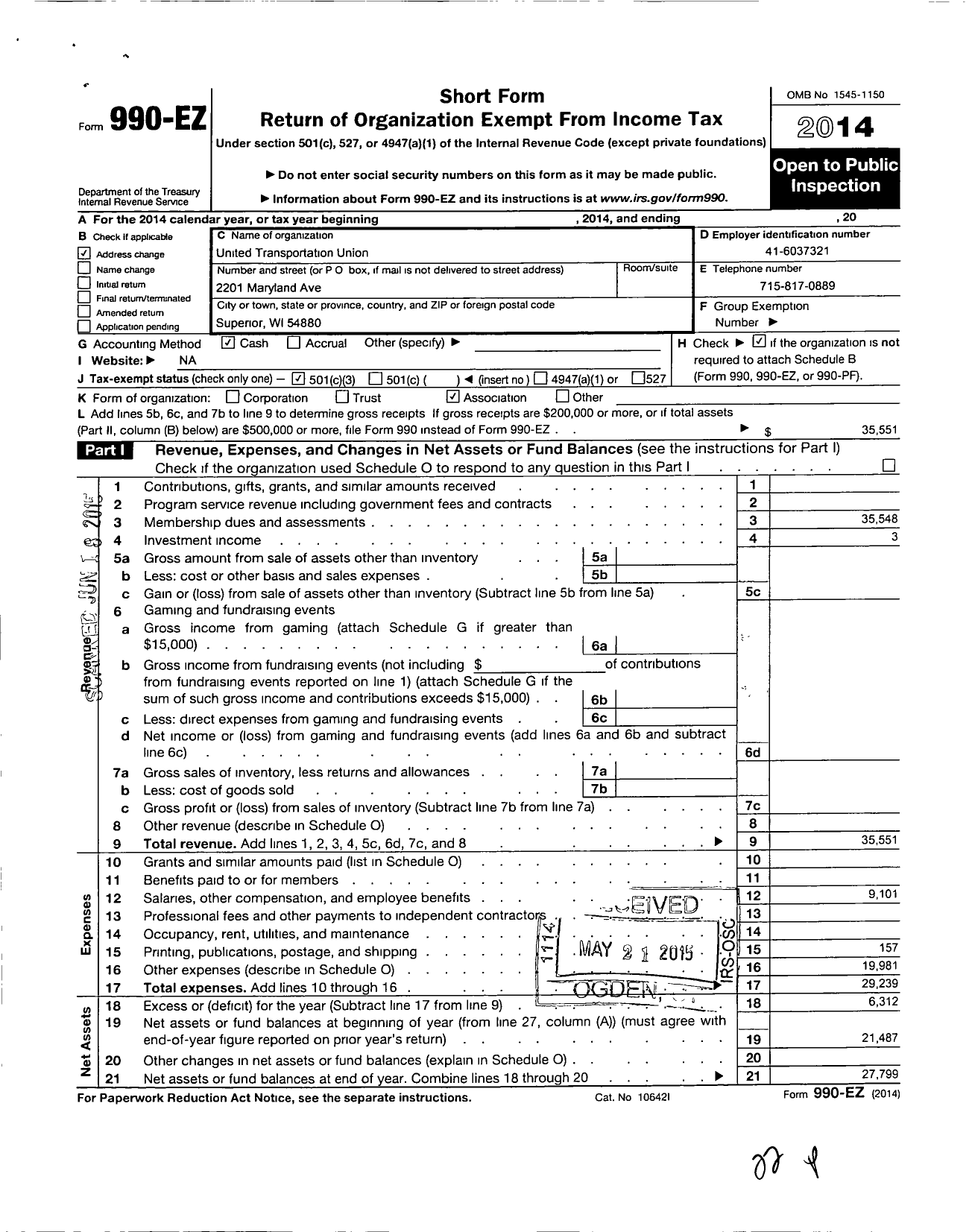 Image of first page of 2014 Form 990EZ for Smart Union - 1175 TD