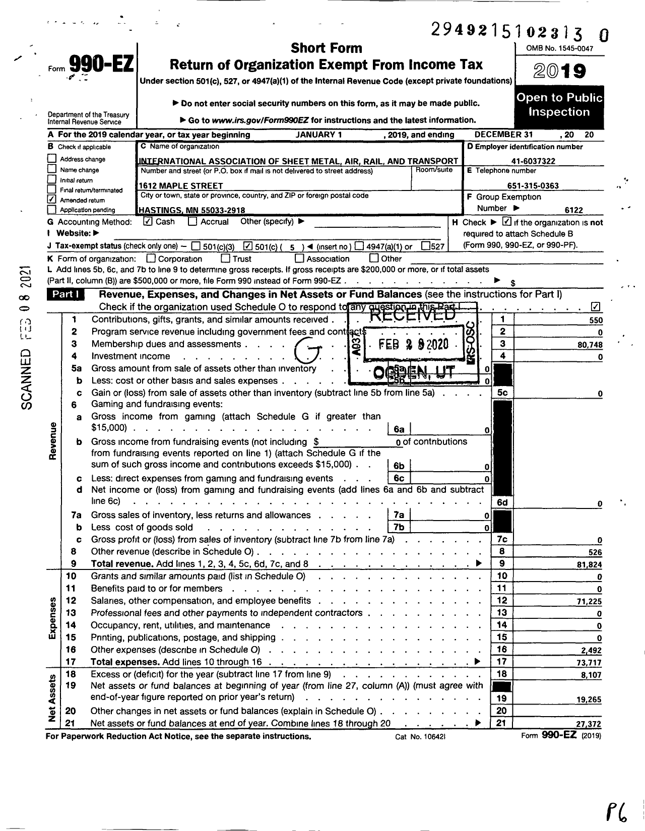 Image of first page of 2019 Form 990EO for Smart Union - 911 TD