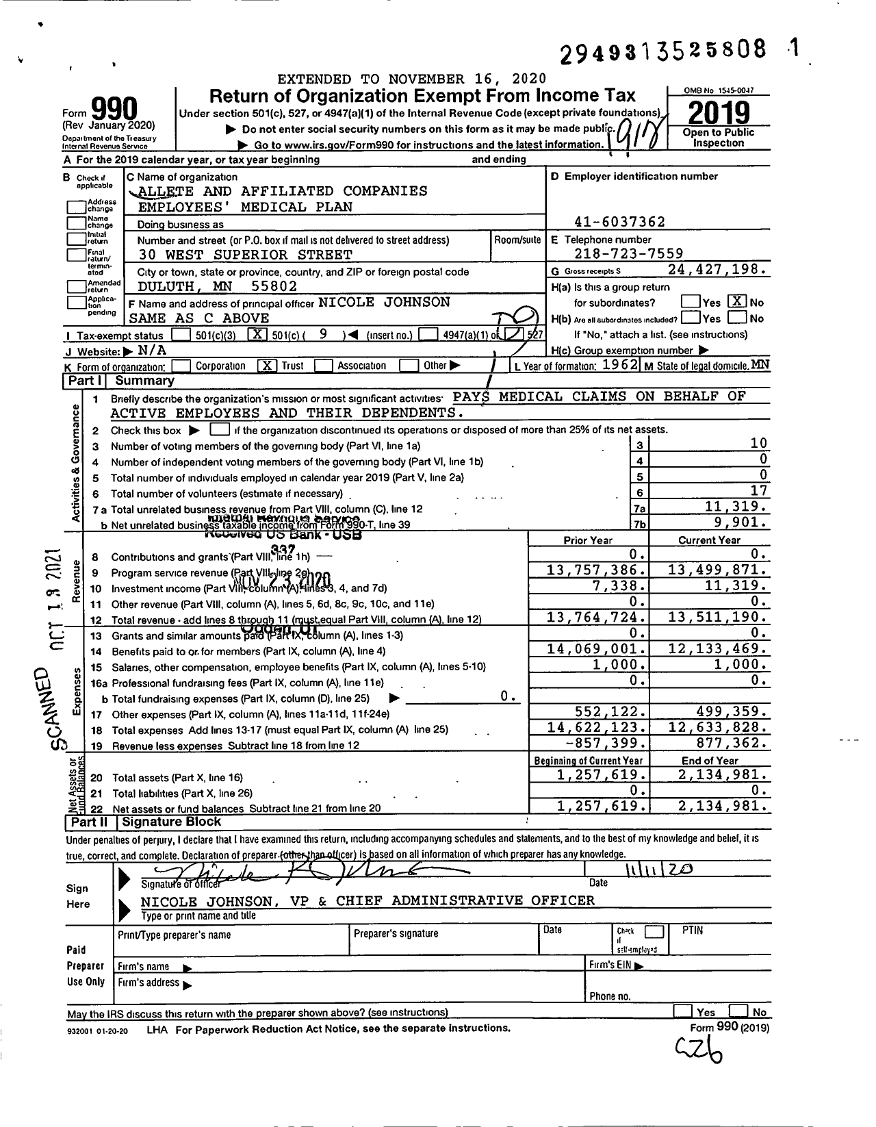 Image of first page of 2019 Form 990O for Allete and Affiliated Companies Employees' Medical Plan