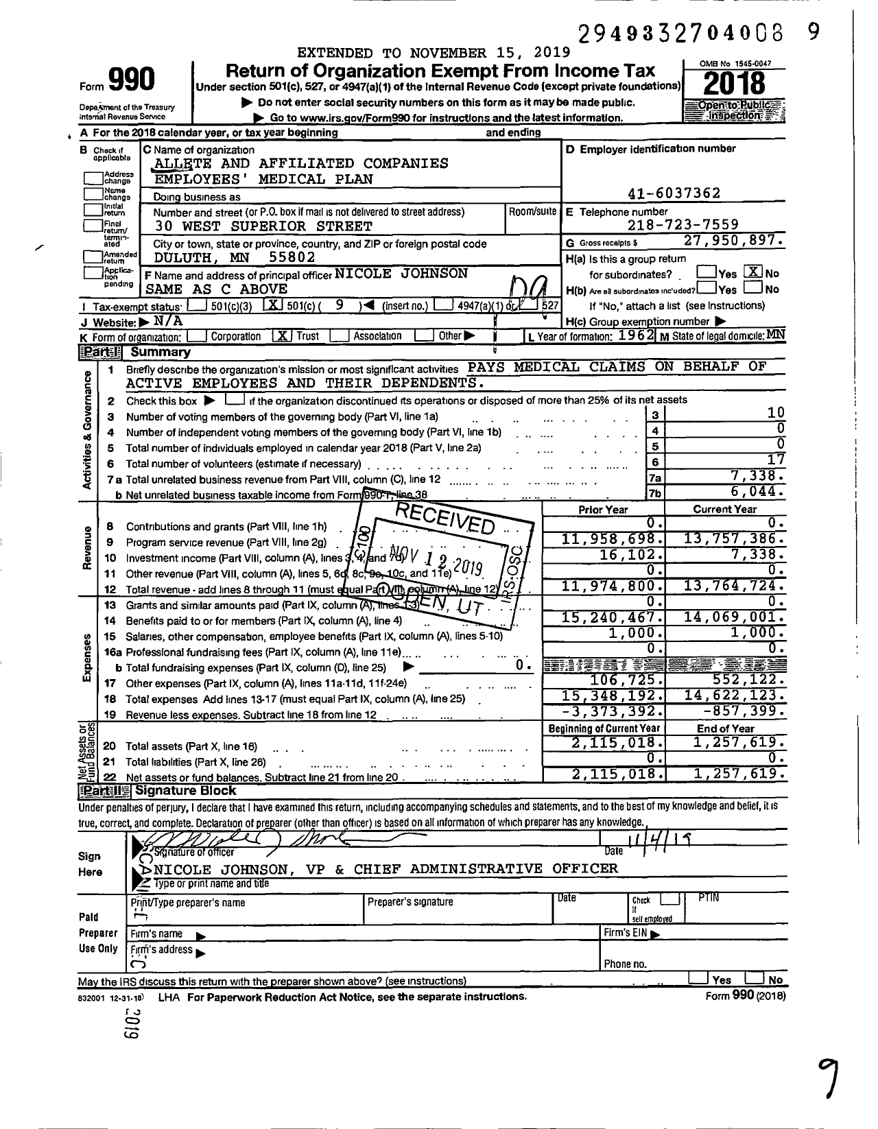 Image of first page of 2018 Form 990O for Allete and Affiliated Companies Employees' Medical Plan