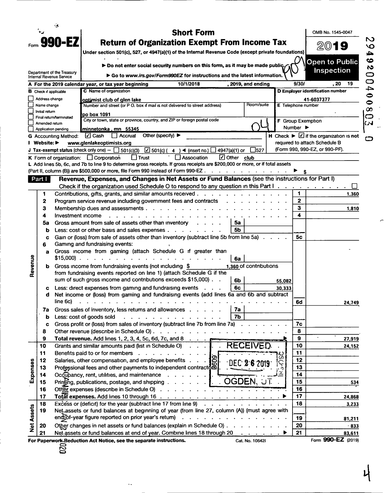 Image of first page of 2018 Form 990EO for Optimist International - 35070 Oc of Glen Lake MN