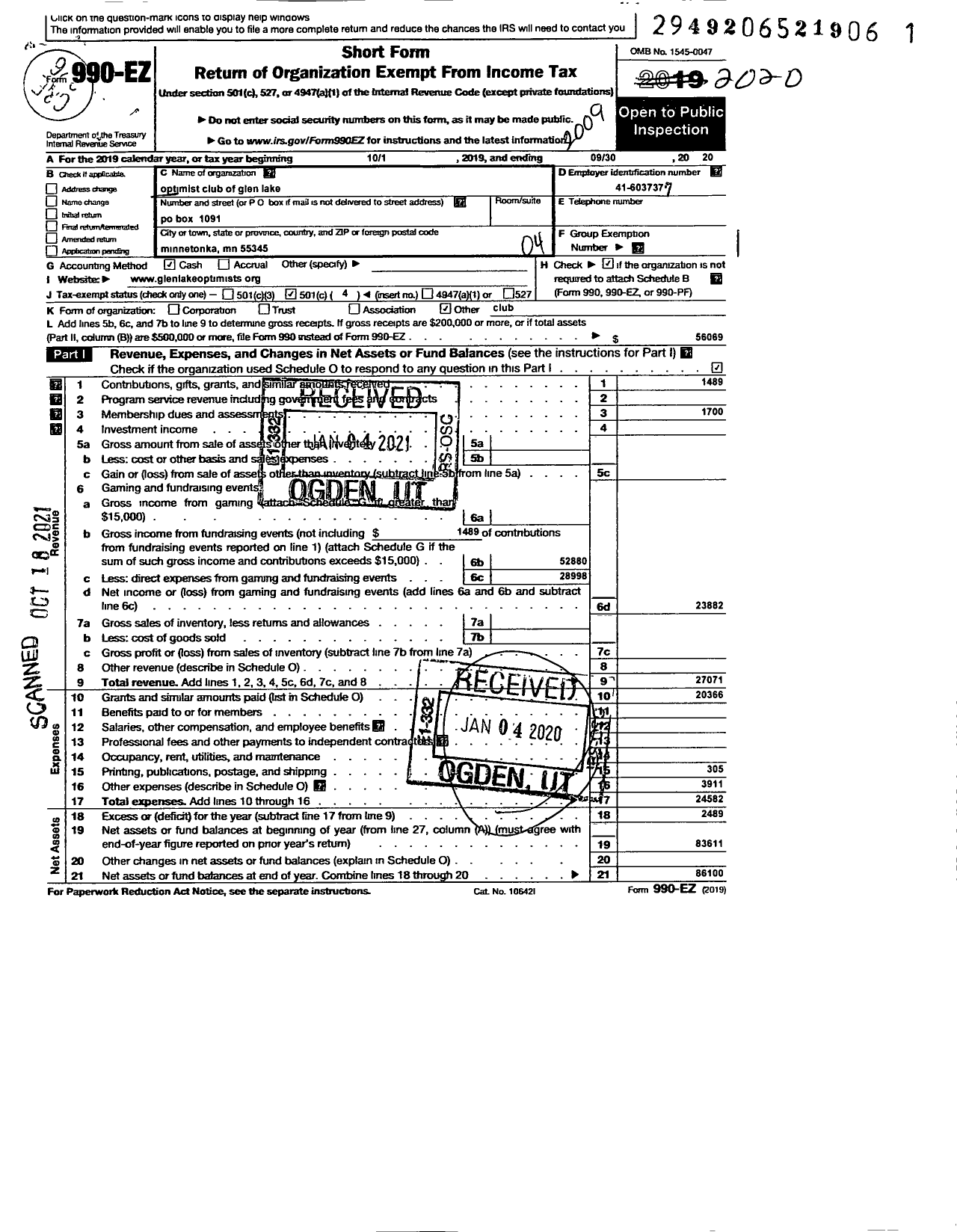 Image of first page of 2019 Form 990EO for Optimist International - 35070 Oc of Glen Lake MN