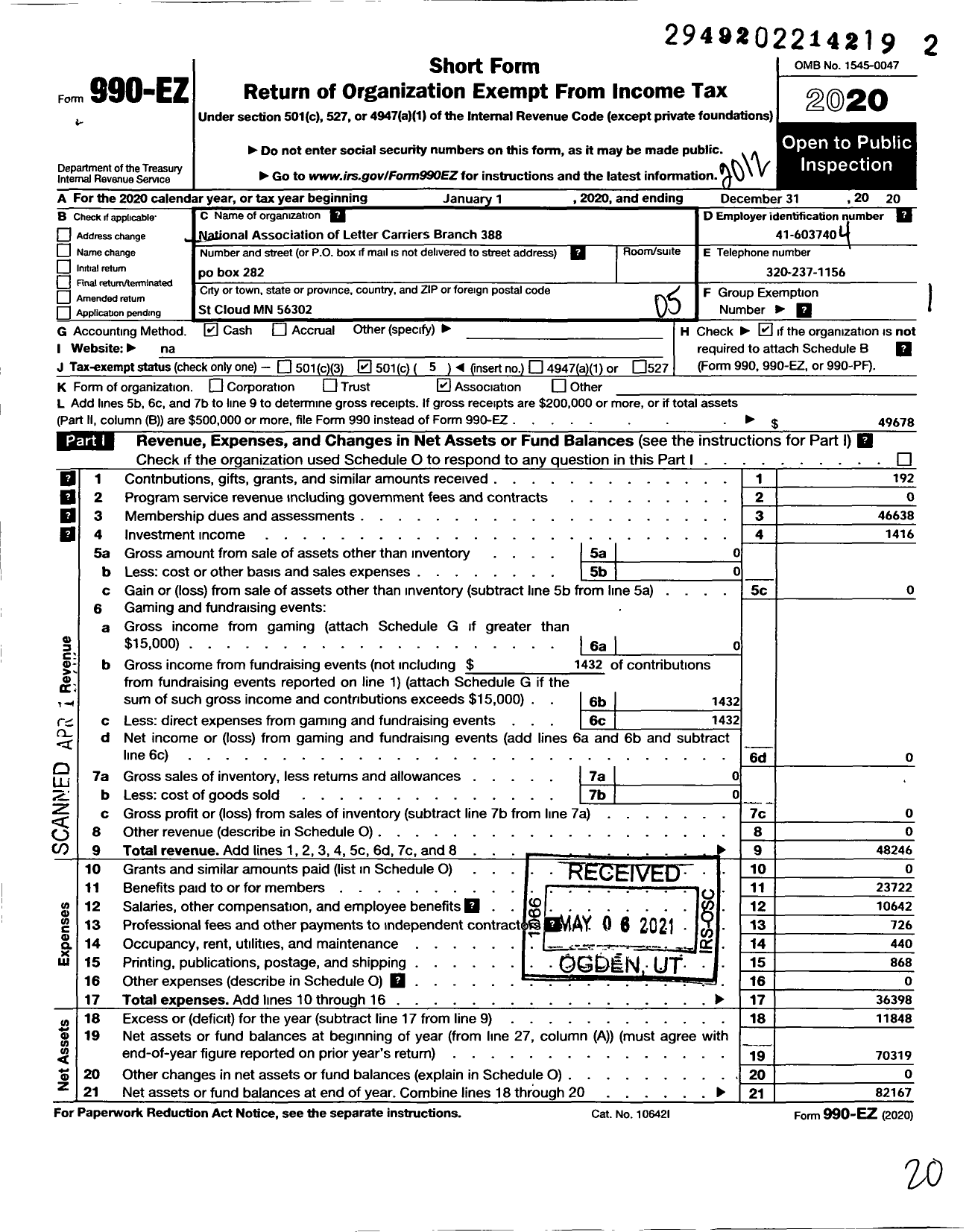 Image of first page of 2020 Form 990EO for NATIONAL ASSOCIATION OF LETTER CARRIERS - Granite City branch 388