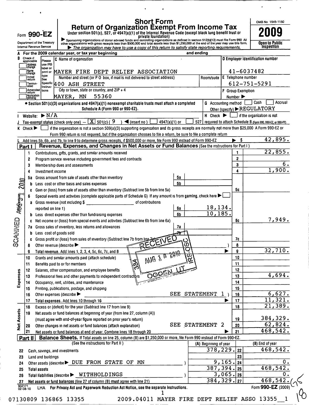 Image of first page of 2009 Form 990EO for Mayer Fire Department Relief Association