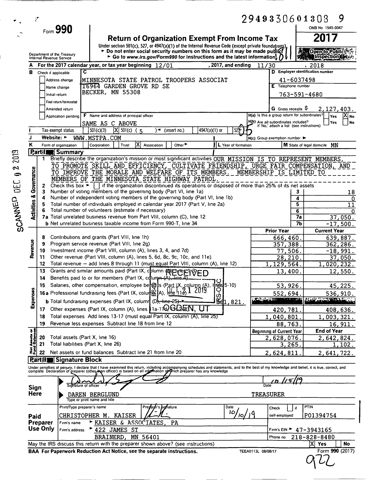 Image of first page of 2017 Form 990O for Minnesota State Patrol Troopers Associat