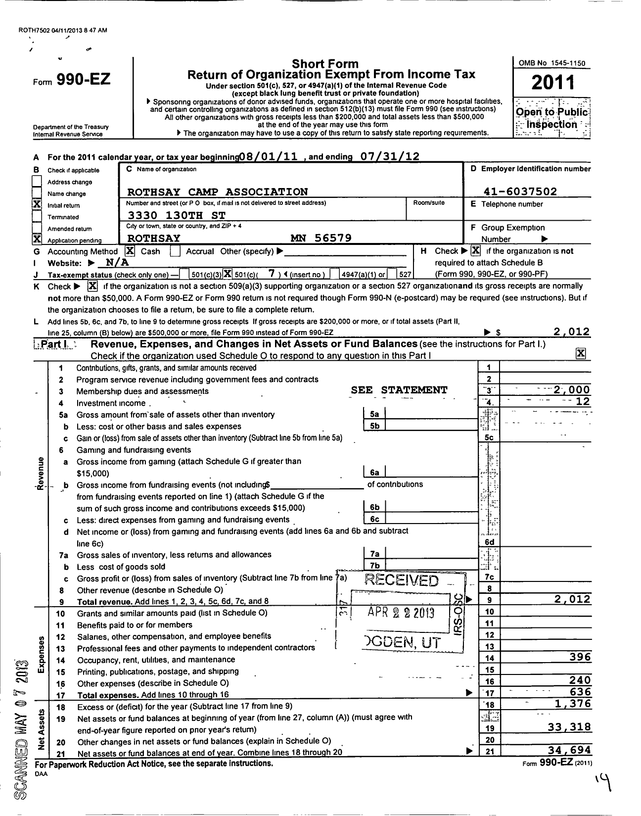 Image of first page of 2011 Form 990EO for Rothsay Camp Association