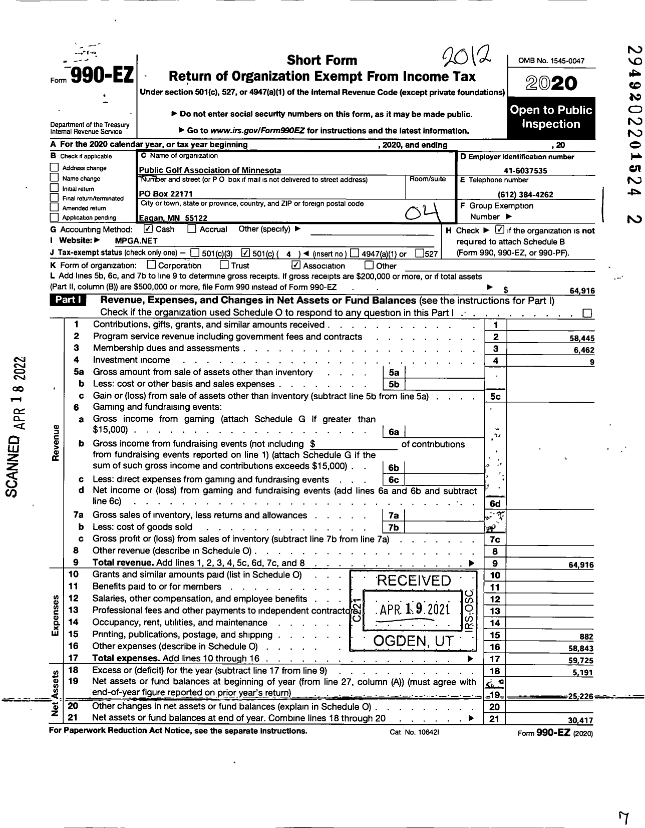 Image of first page of 2020 Form 990EO for Public Golf Association of Minnesota