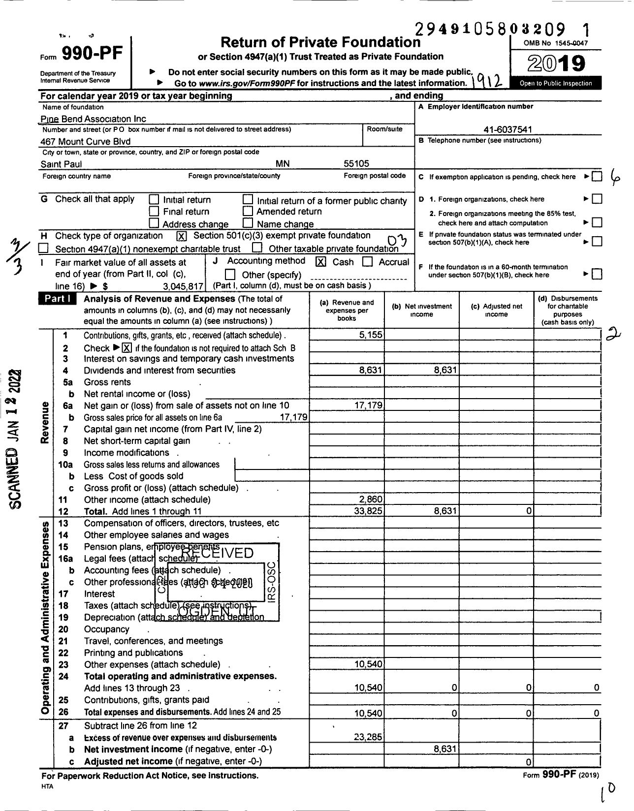 Image of first page of 2019 Form 990PF for Pine Bend Association