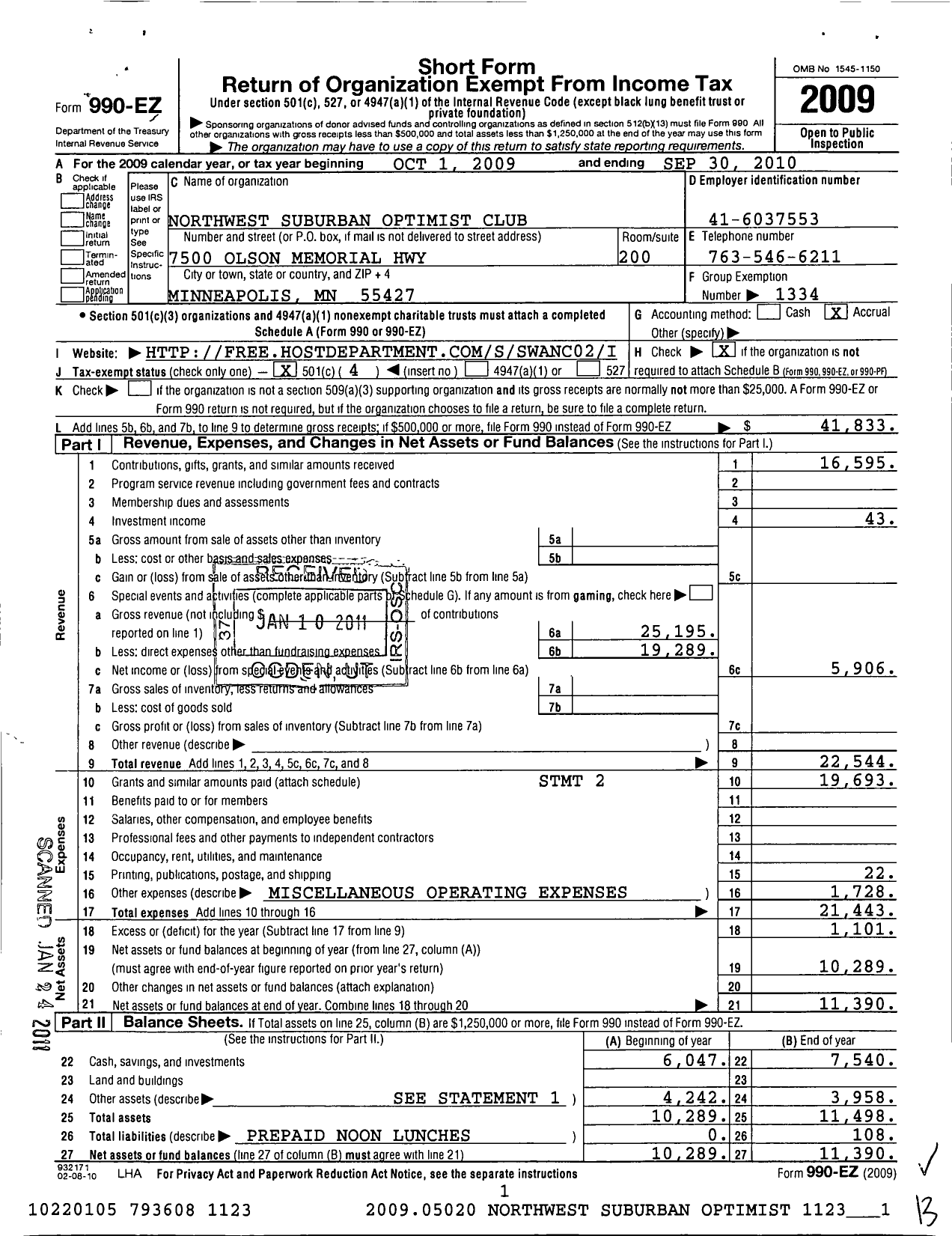 Image of first page of 2009 Form 990EO for Optimist International - 35075 Northwest Suburban Oc of MN