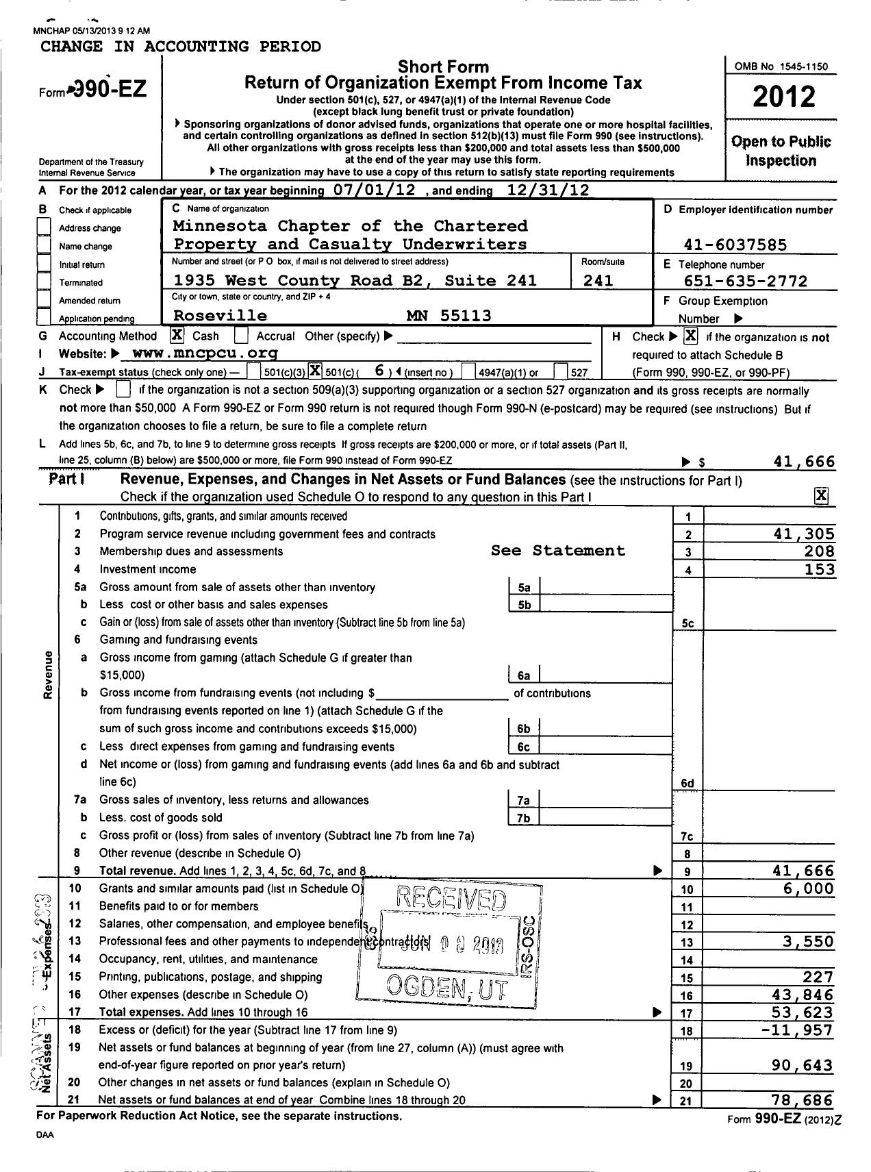 Image of first page of 2012 Form 990EO for Minnesota Chapter of the Chartered Property Casualty Underwriters Soc