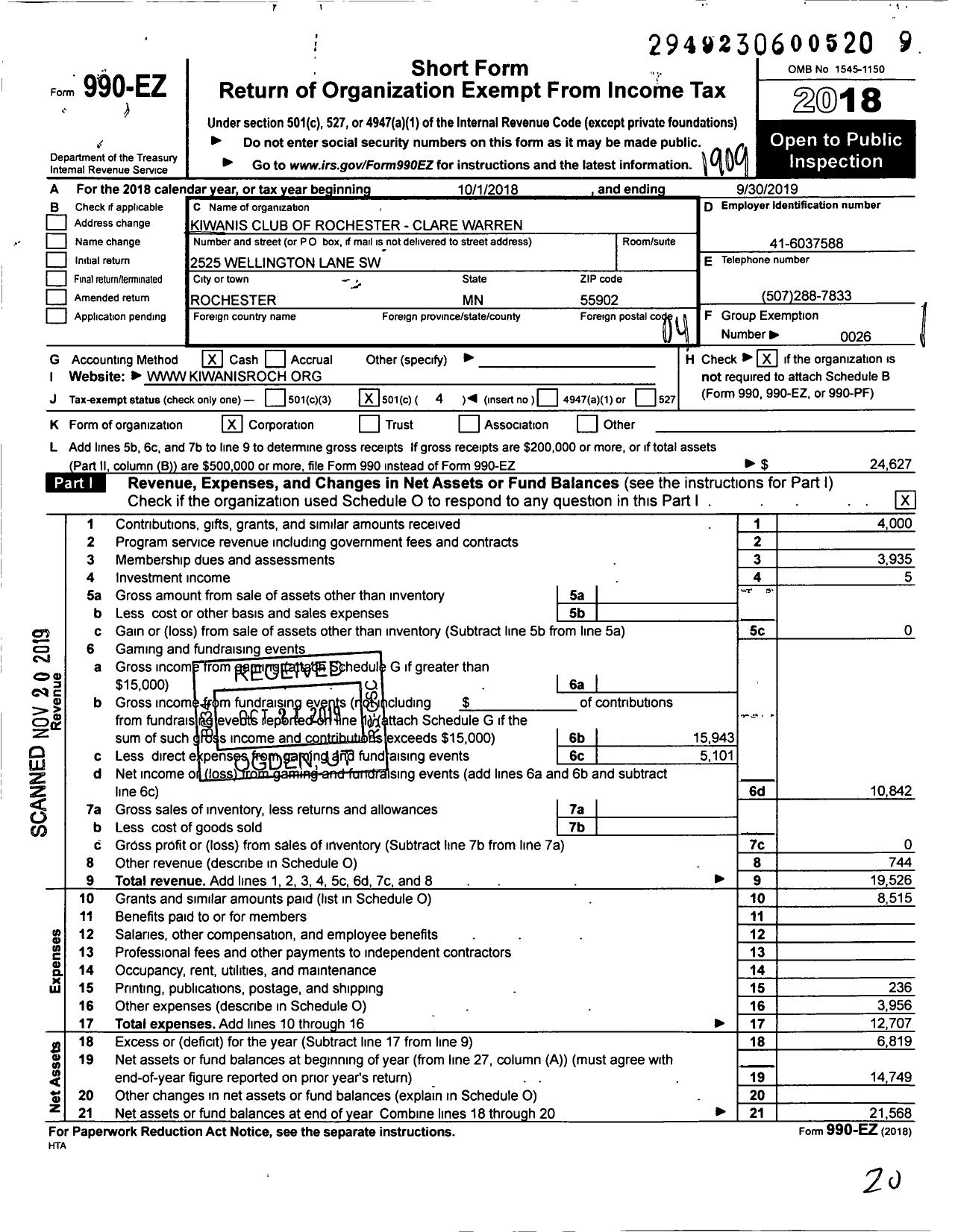 Image of first page of 2018 Form 990EO for Kiwanis International - K00414 Rochester