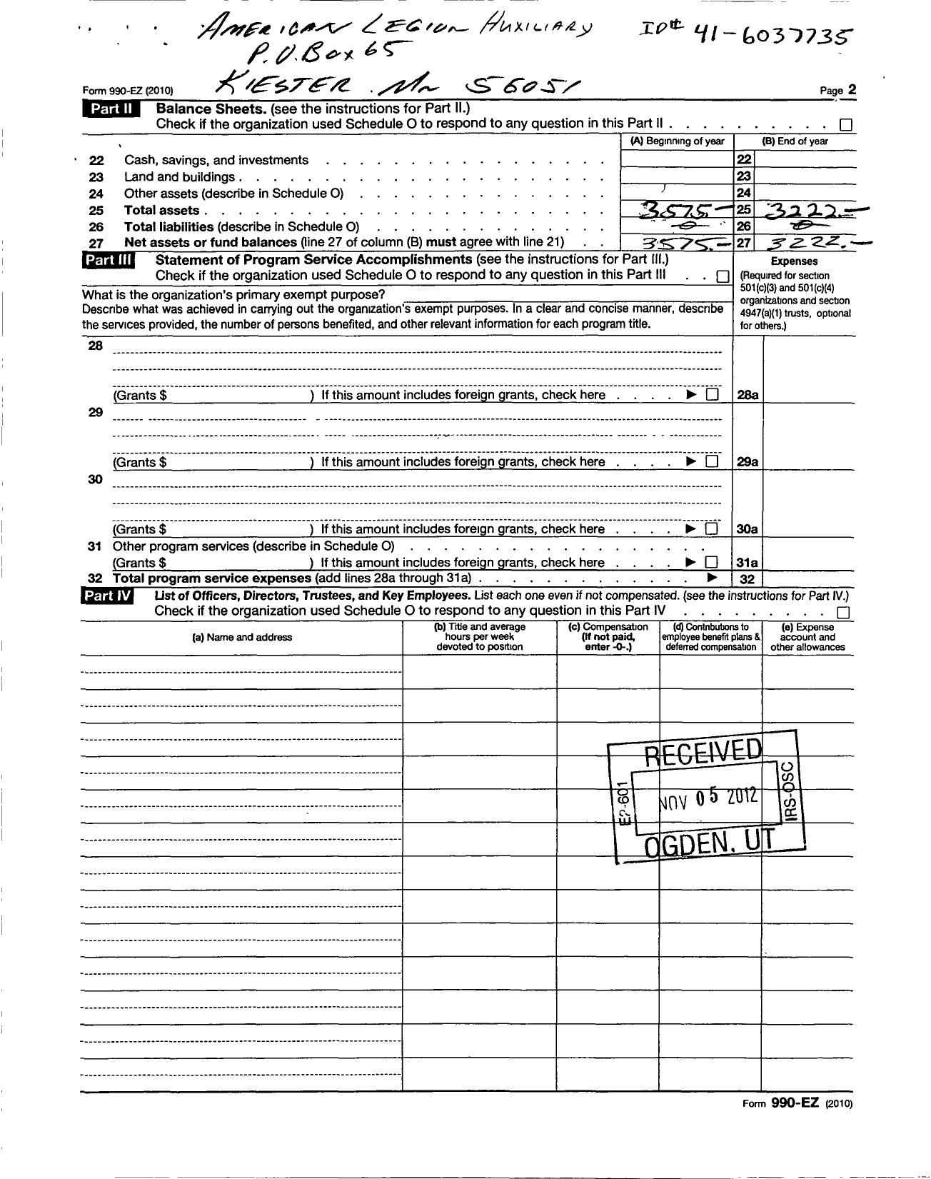 Image of first page of 2010 Form 990EOR for American Legion Auxiliary - 454 Kiester