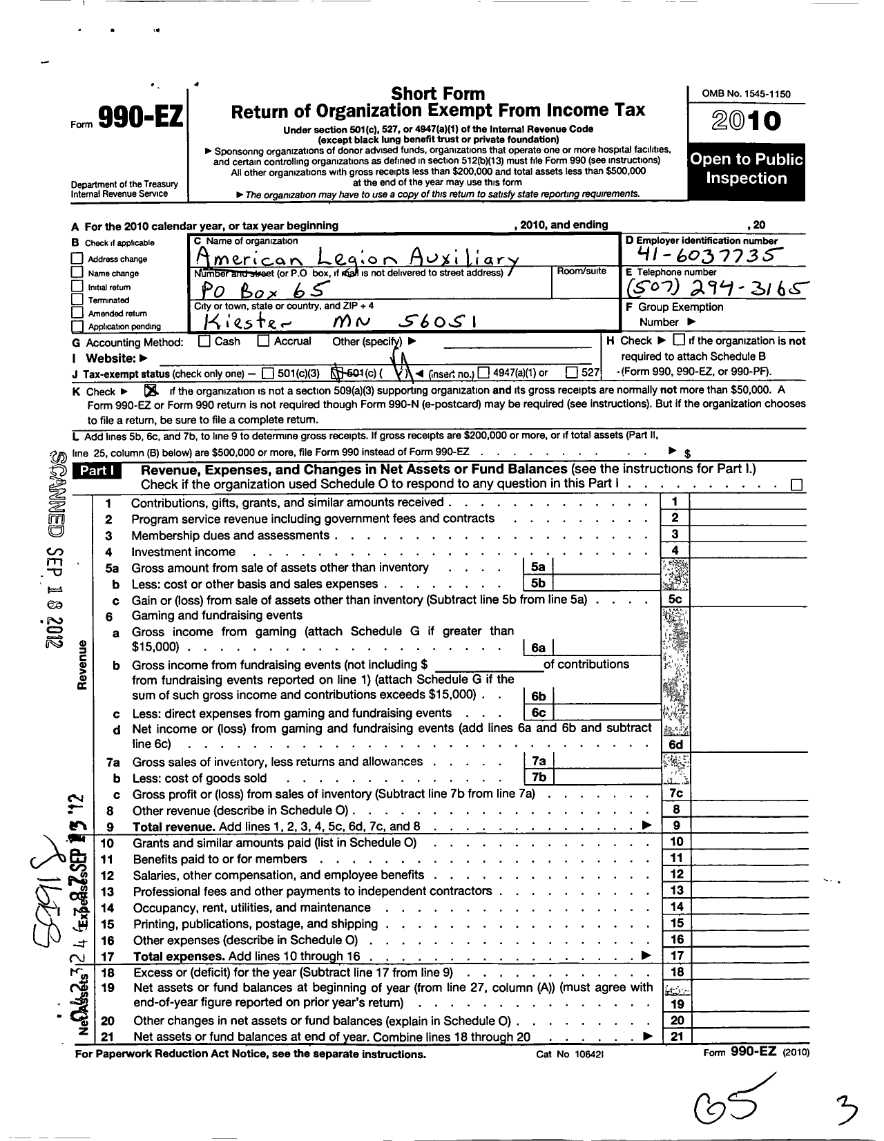 Image of first page of 2010 Form 990EO for American Legion Auxiliary - 454 Kiester