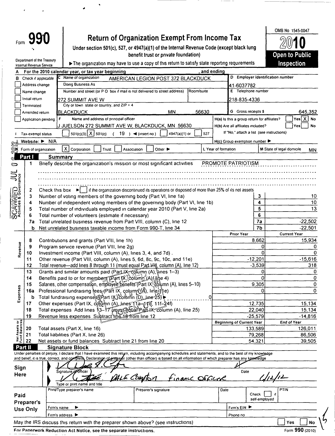 Image of first page of 2010 Form 990O for American Legion - 372 Blackduck Post