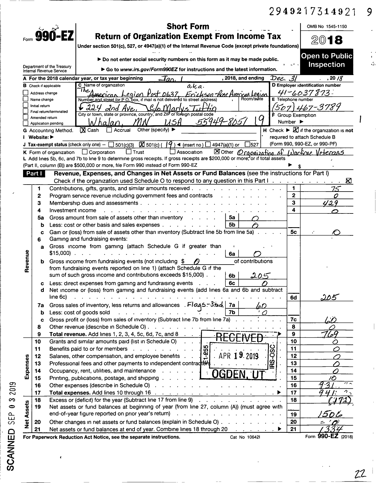 Image of first page of 2018 Form 990EO for American Legion - Erickson-Rose American Legion