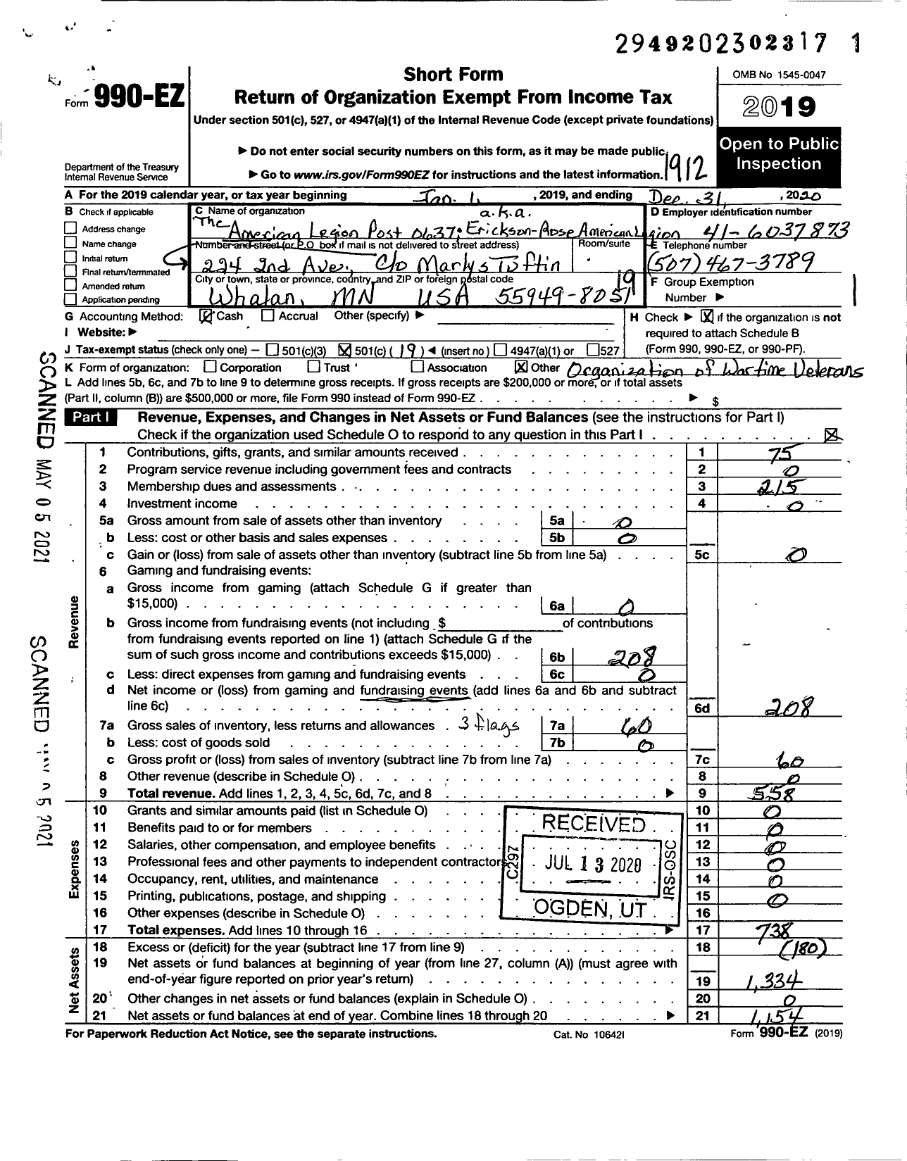 Image of first page of 2019 Form 990EO for American Legion - Erickson-Rose American Legion