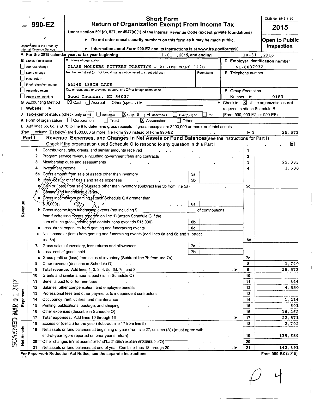 Image of first page of 2015 Form 990EO for United Steelworkers - 00142b Local